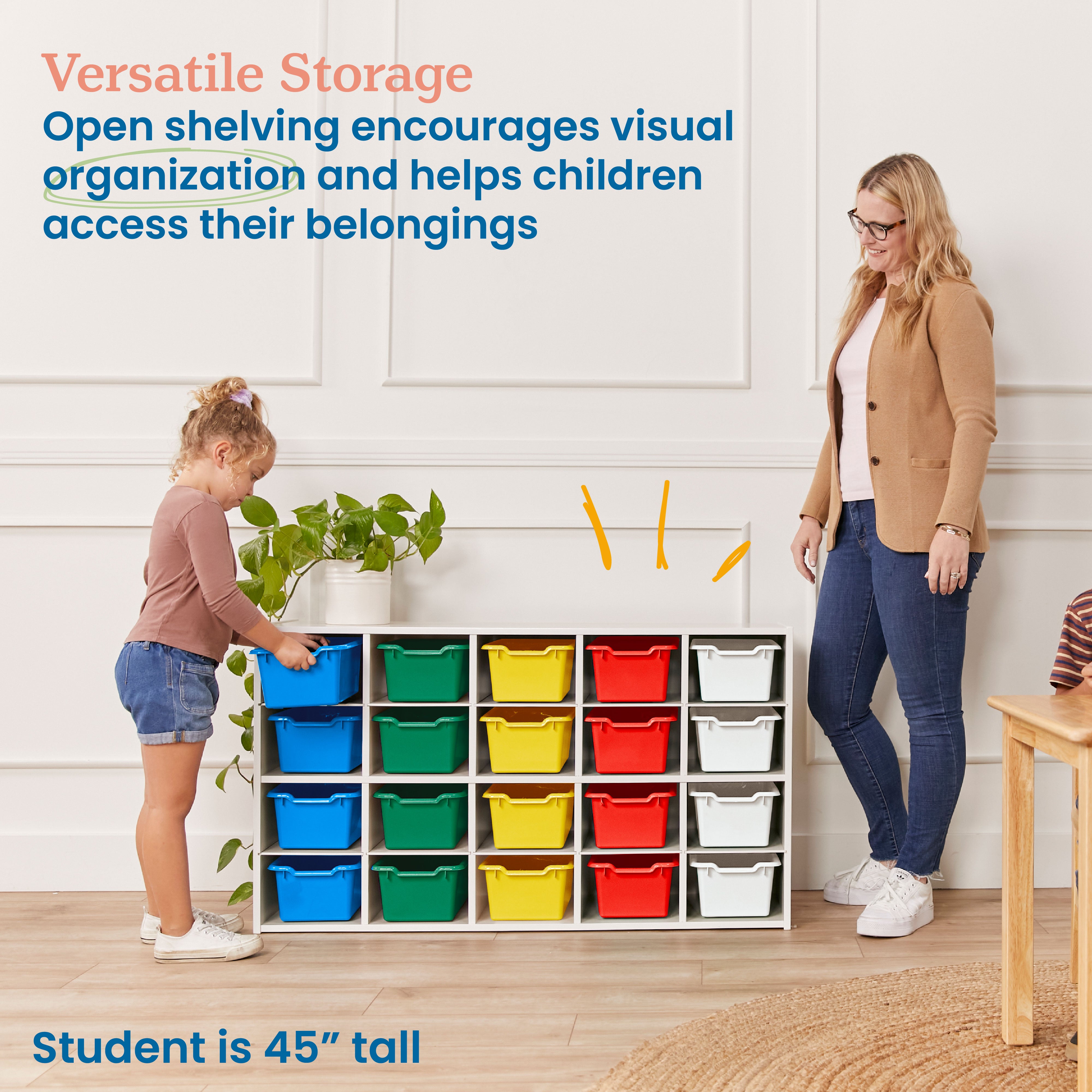 Streamline 20 Cubby Tray Storage Cabinet with 20 Scoop Front Storage Bins, 4x5, White Wash