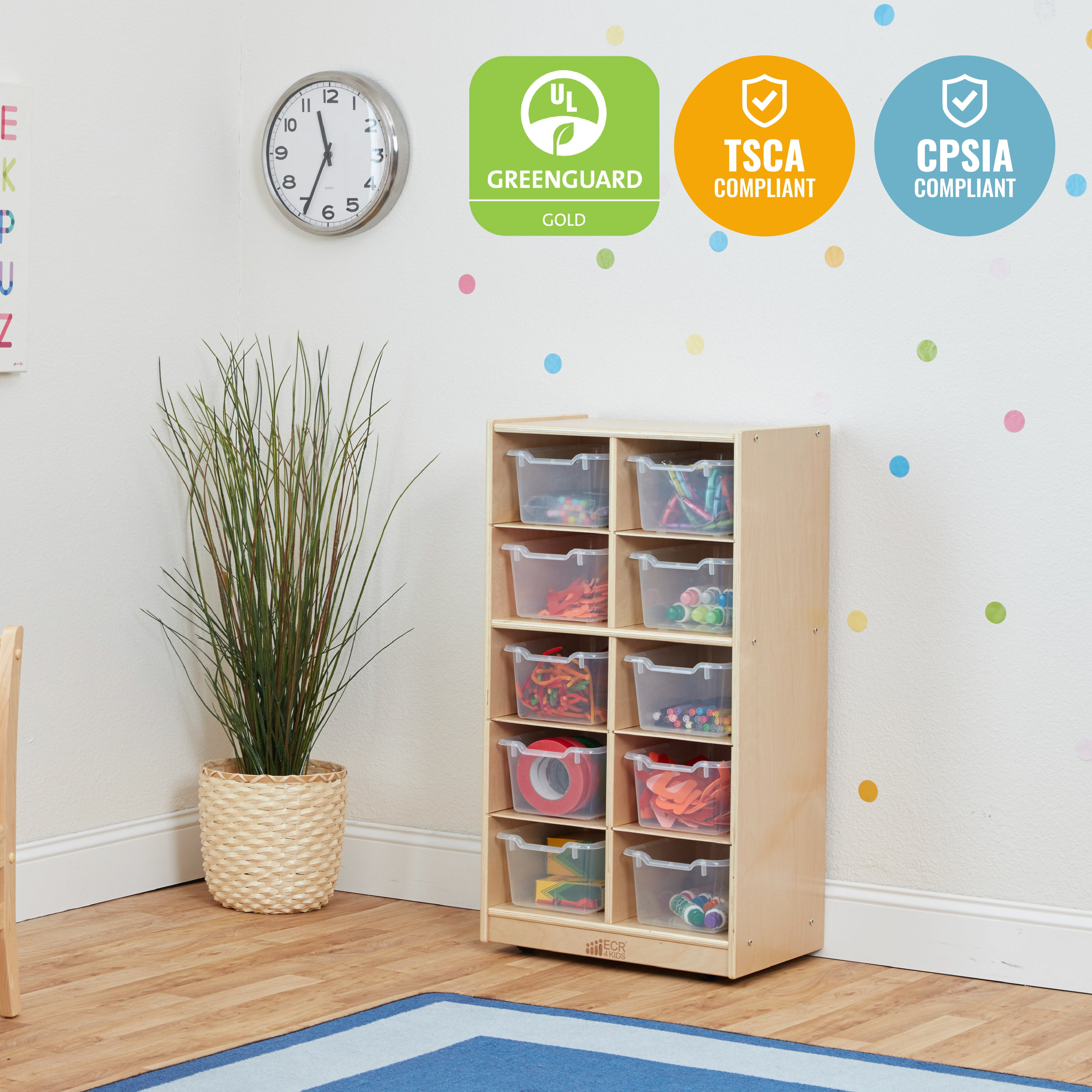 10 Cubby Mobile Tray Cabinet with 10 Scoop Front Storage Bins, 5x2, Natural