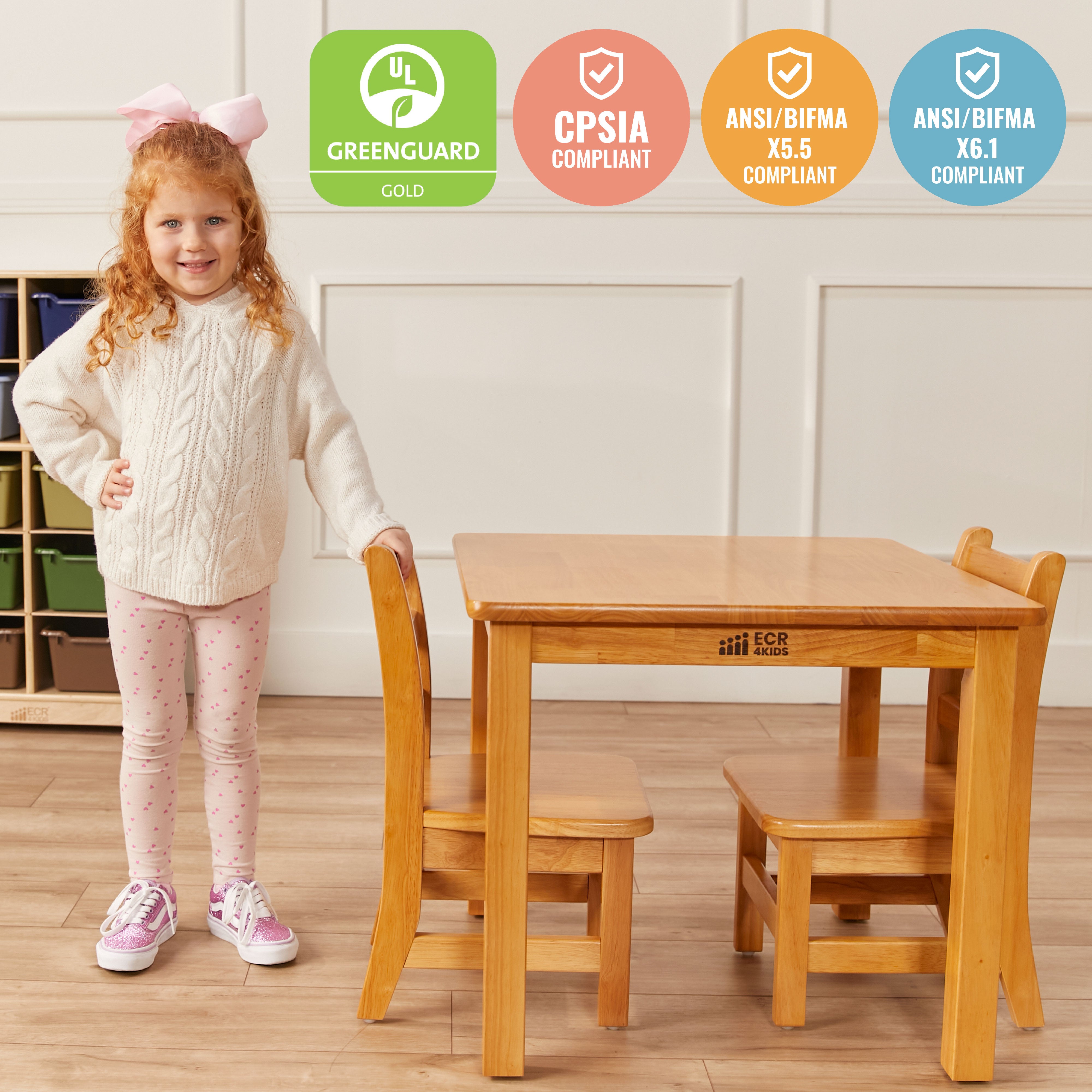 24in x 24in Square Hardwood Table with 20in Legs and Two 10in Chairs, 3-Piece