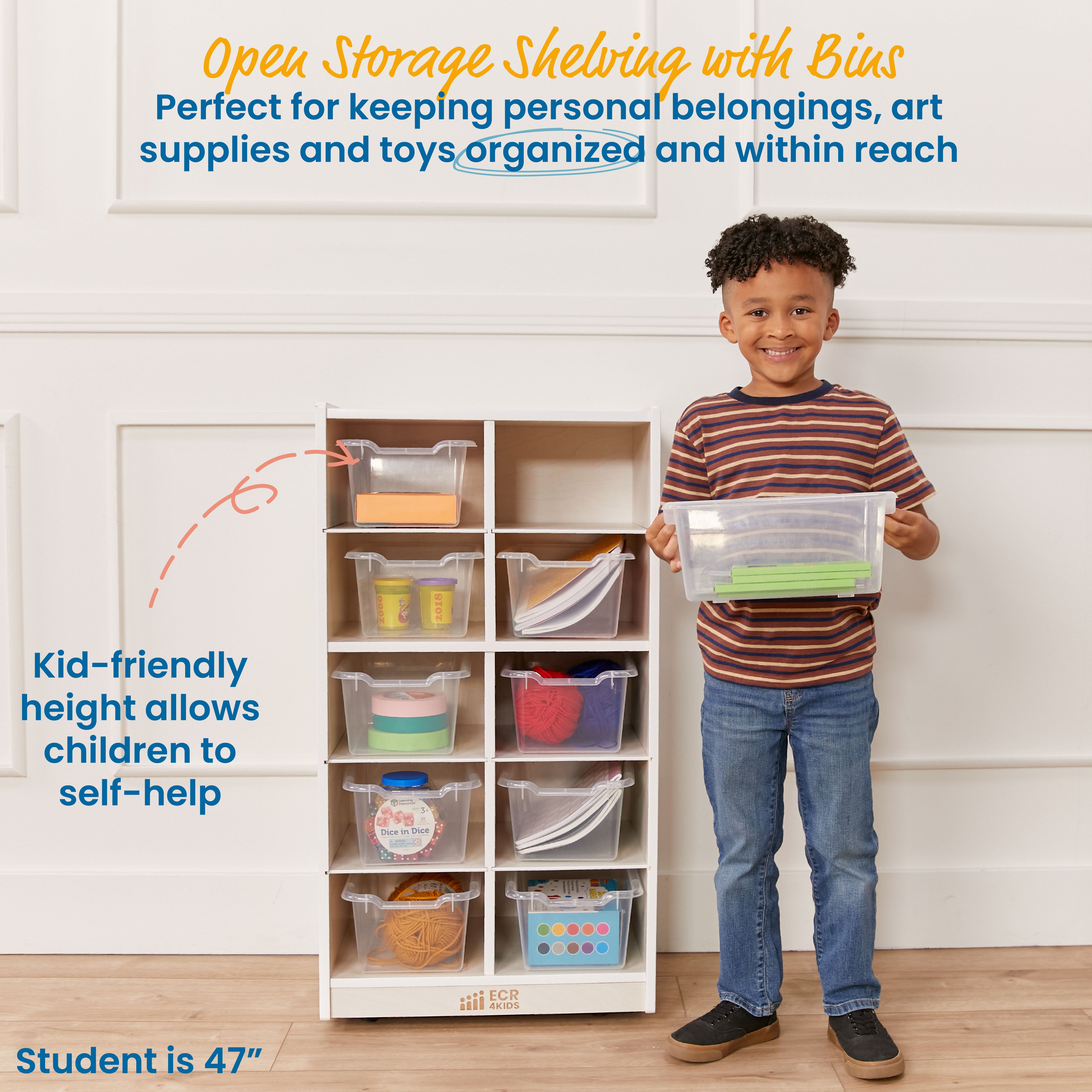 10 Cubby Mobile Tray Cabinet with 10 Scoop Front Storage Bins, 5x2, White Wash