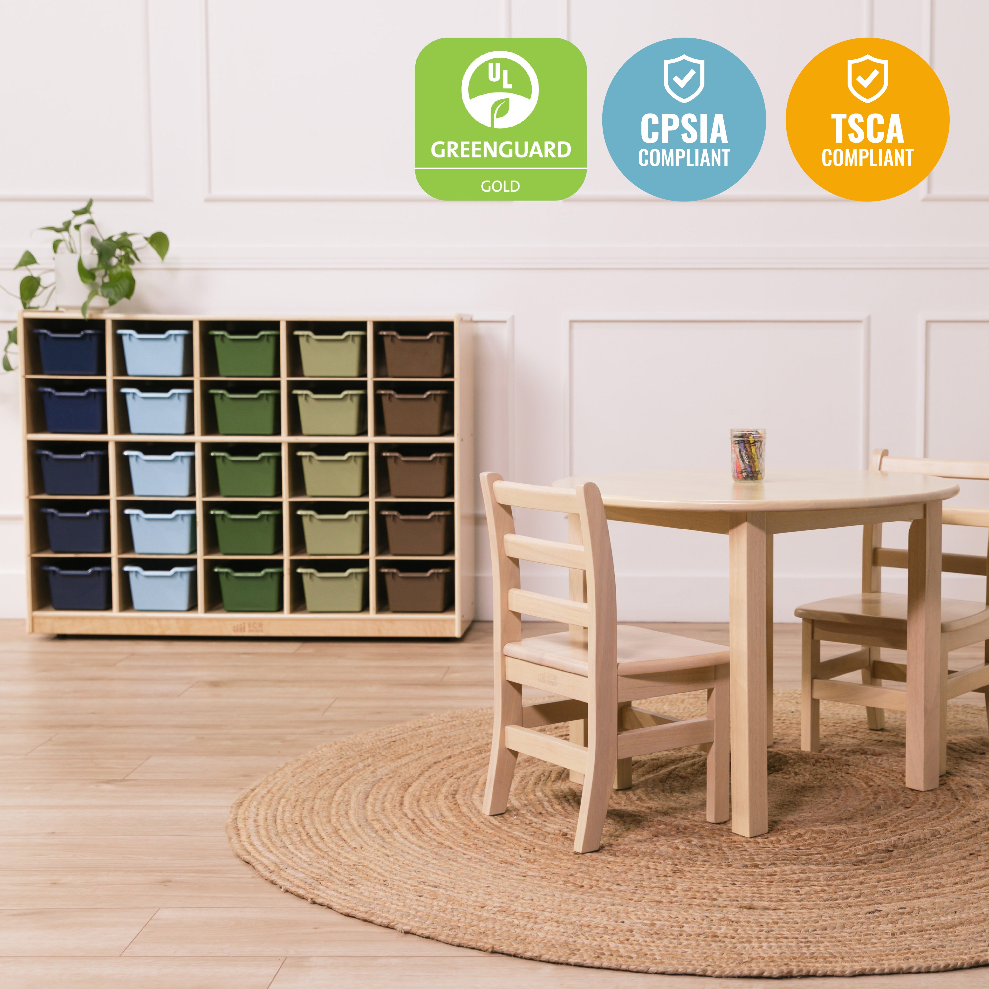 25 Cubby Mobile Tray Cabinet with Scoop Front Storage Bins, Natural, Classroom Furniture