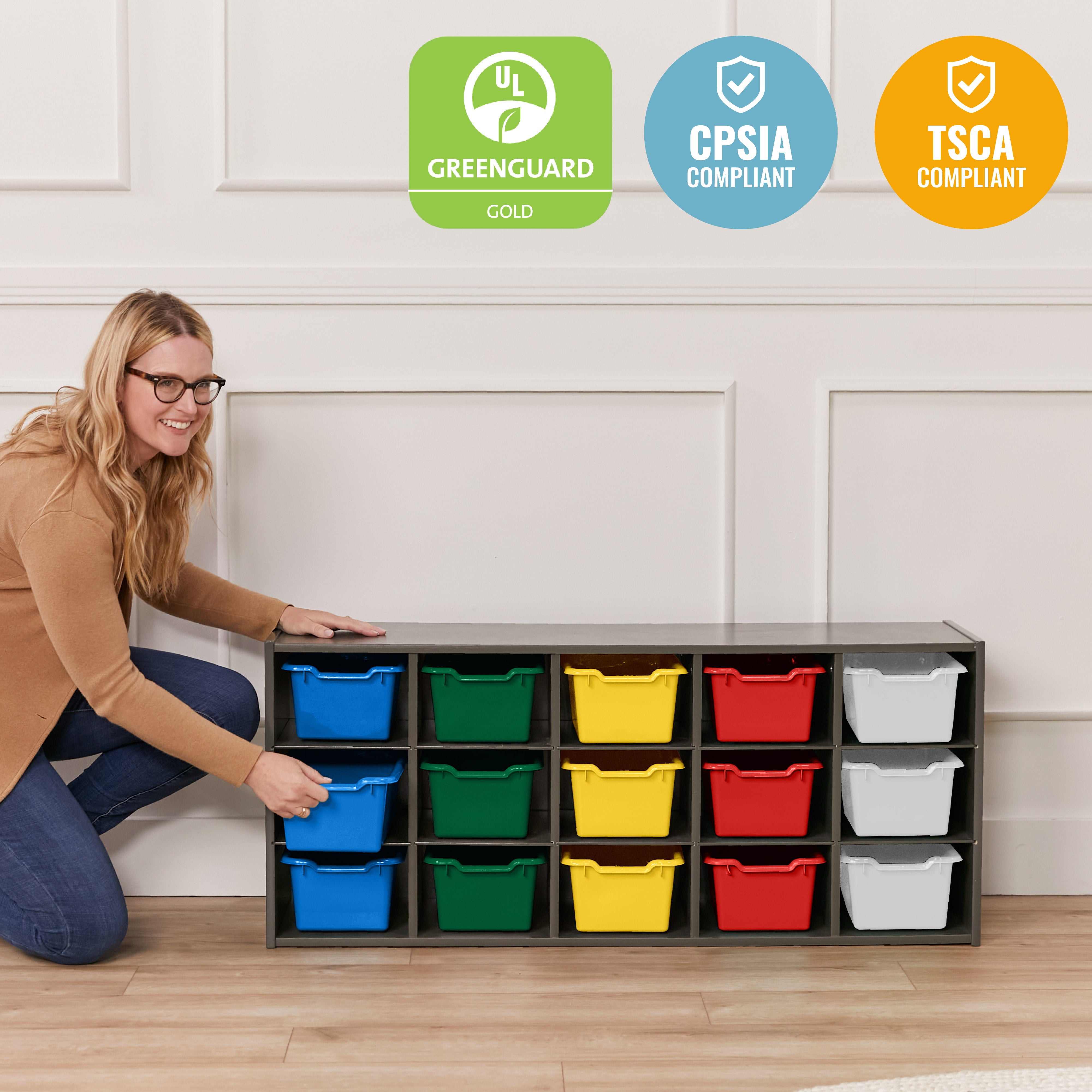 Streamline 15 Cubby Tray Cabinet with 15 Scoop Front Storage Bins, 3x5, Grey Wash