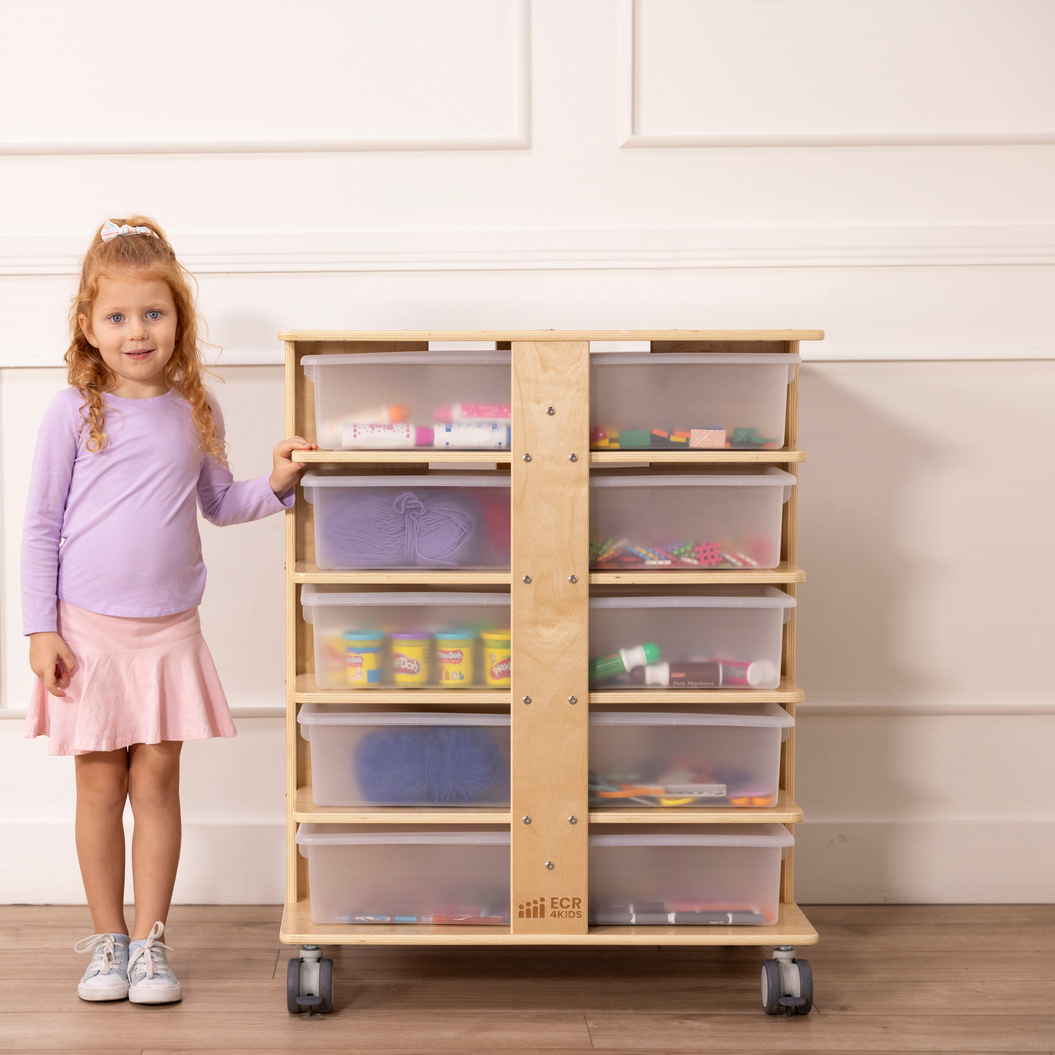 20-Compartment Mobile Storage Tower with Cubby Bins with Lids, 5x4, Natural