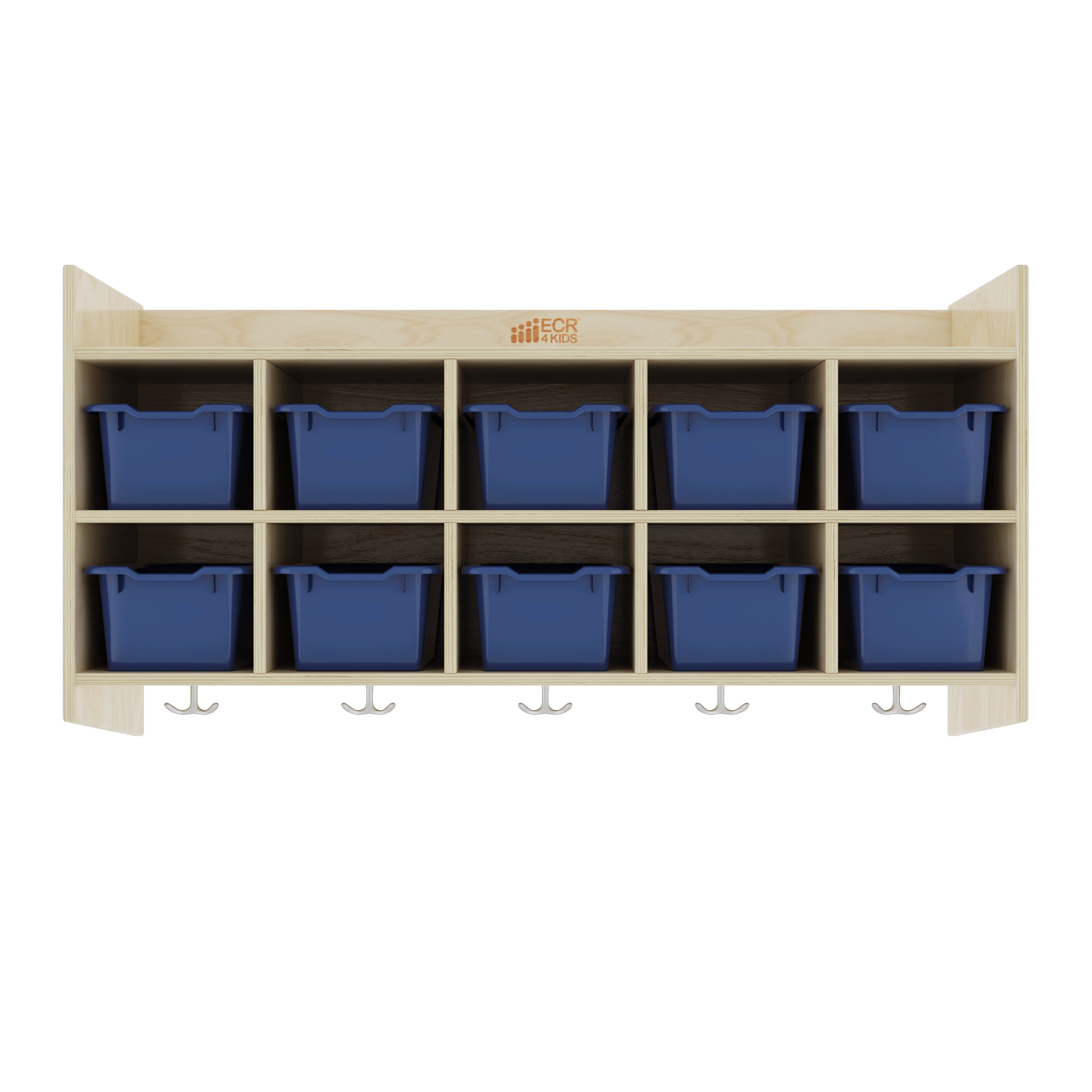 10-Section Hanging Coat Locker with Shelf and Scoop Front Storage Bins, Natural