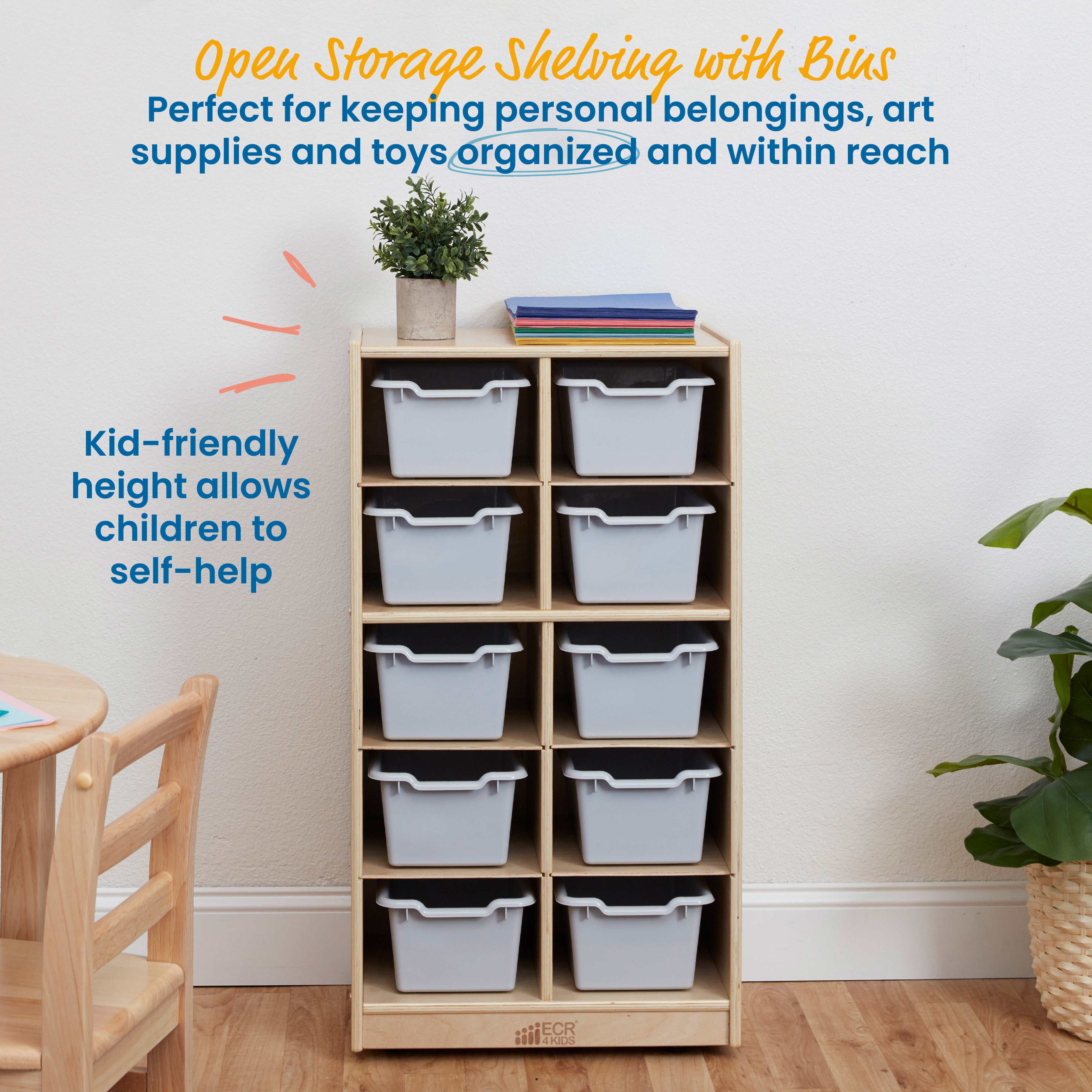 10 Cubby Mobile Tray Cabinet with 10 Scoop Front Storage Bins, 5x2, Natural