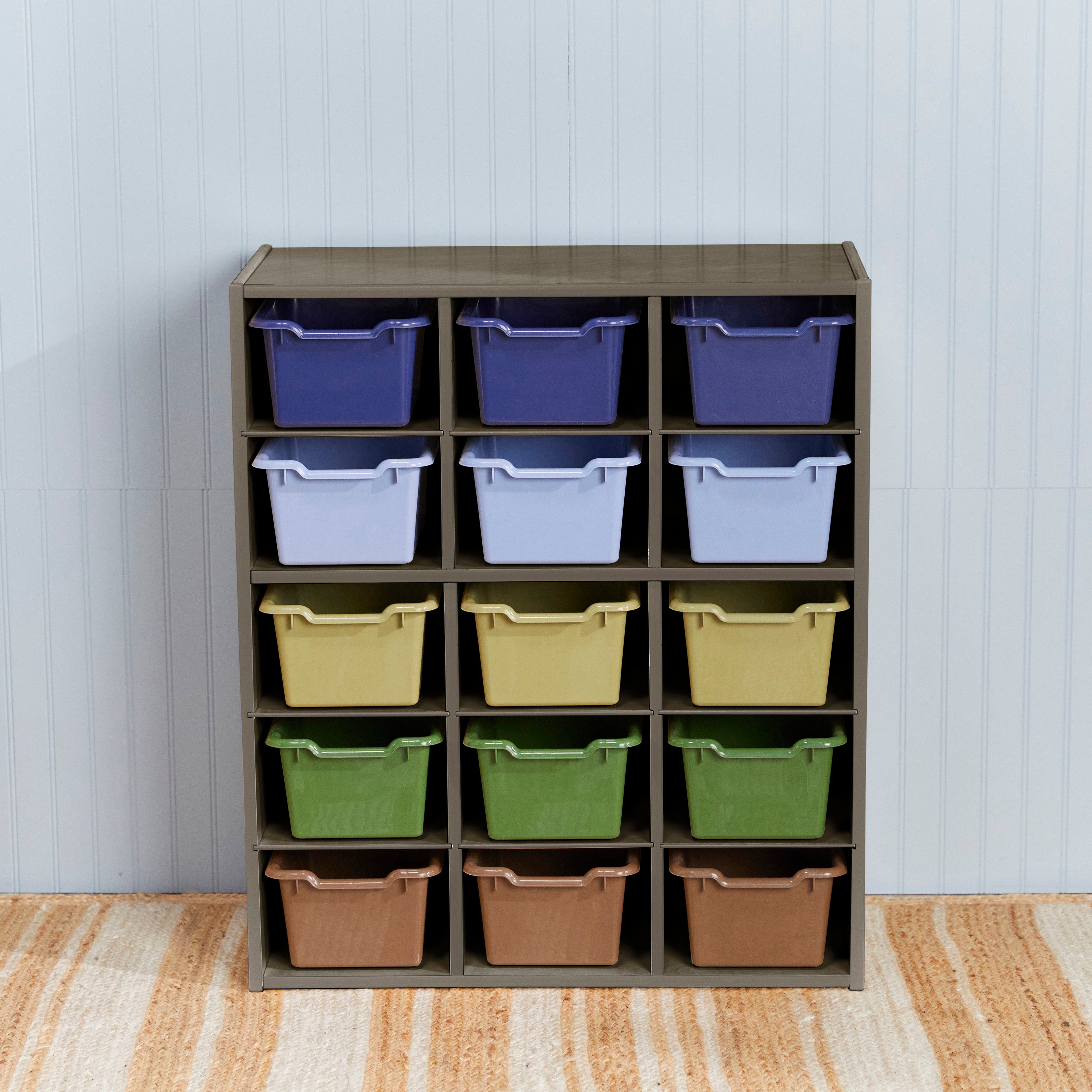 Streamline 15 Cubby Tray Cabinet with 15 Scoop Front Storage Bins, 5x3, Grey Wash