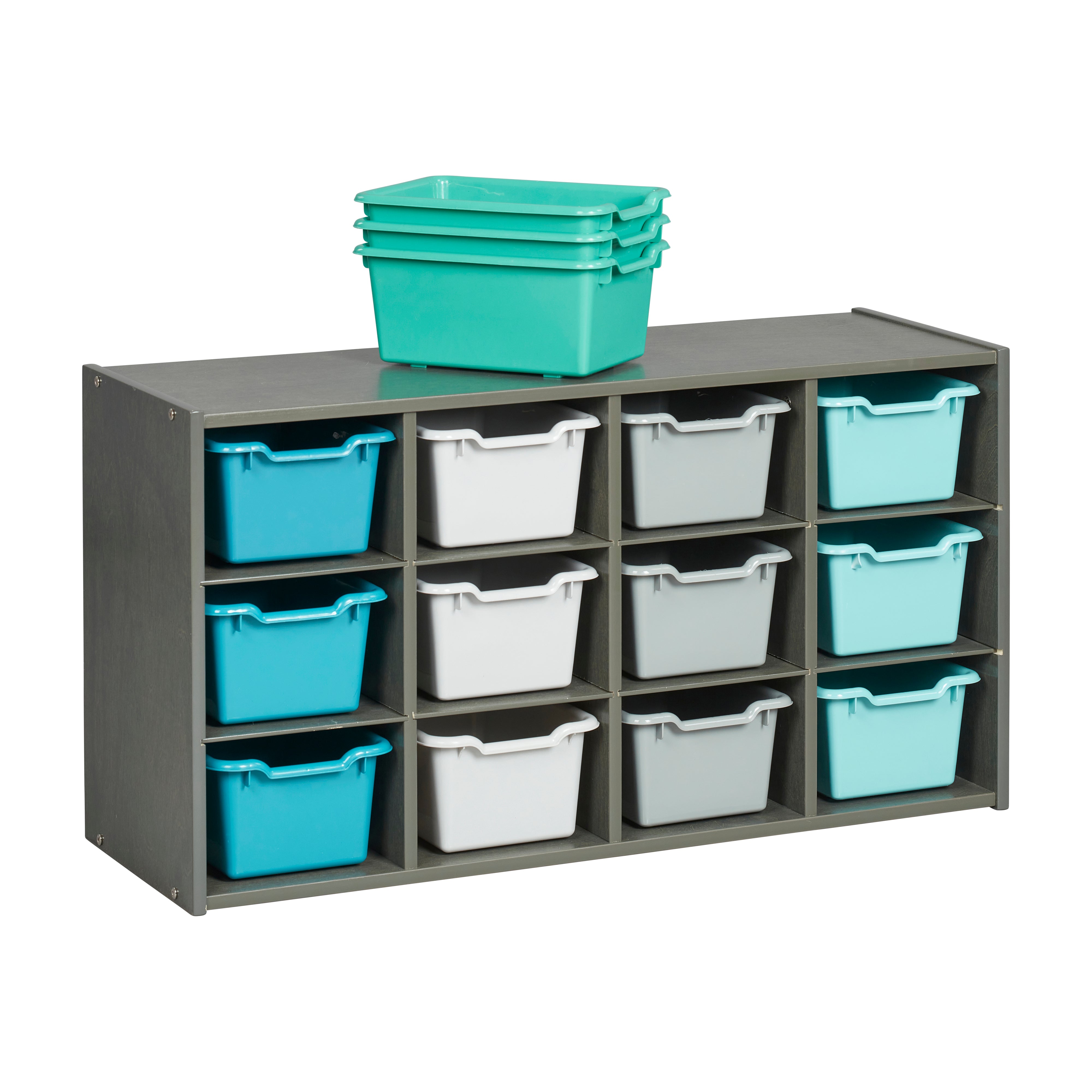 Streamline 12 Cubby Tray Cabinet with Scoop Front Storage Bins, 3x4, Grey Wash, Classroom Furniture