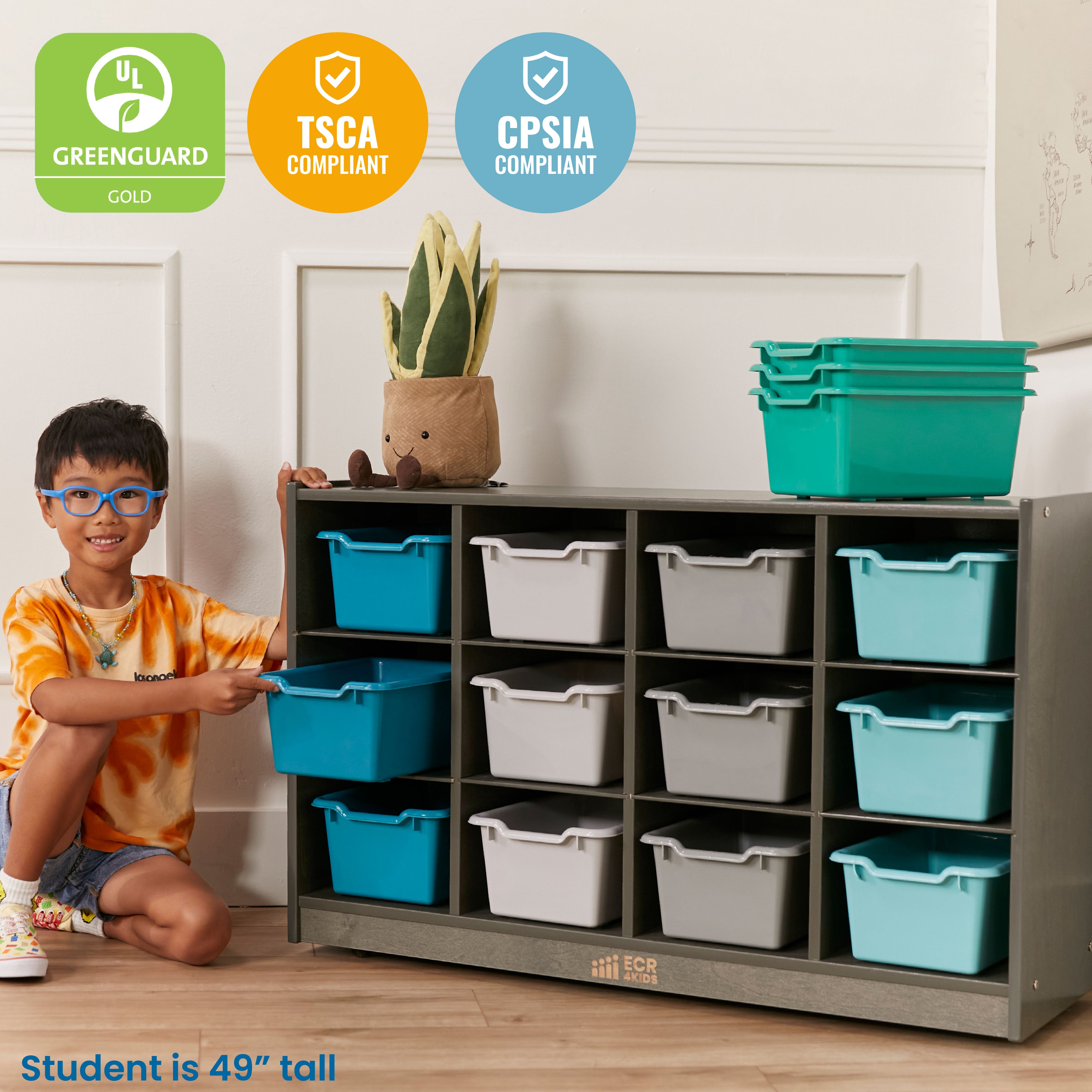 12 Cubby Mobile Tray Cabinet with 15 Scoop Front Storage Bins, 3x4, Grey Wash