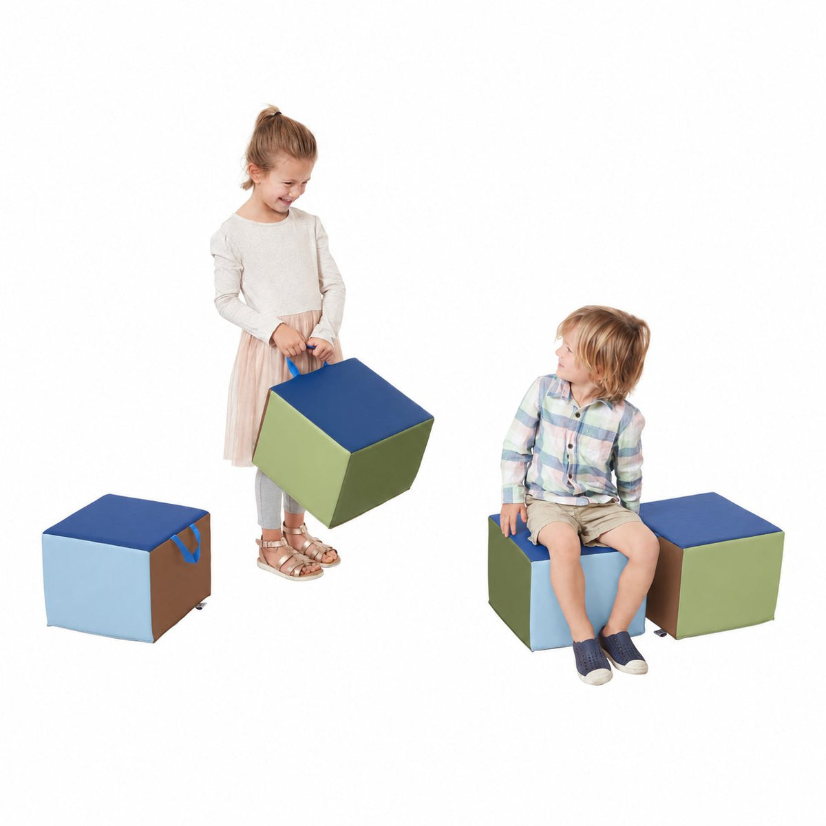 Four cube seats with padded tops in green, light blue, and brown, featuring handles on two pieces.