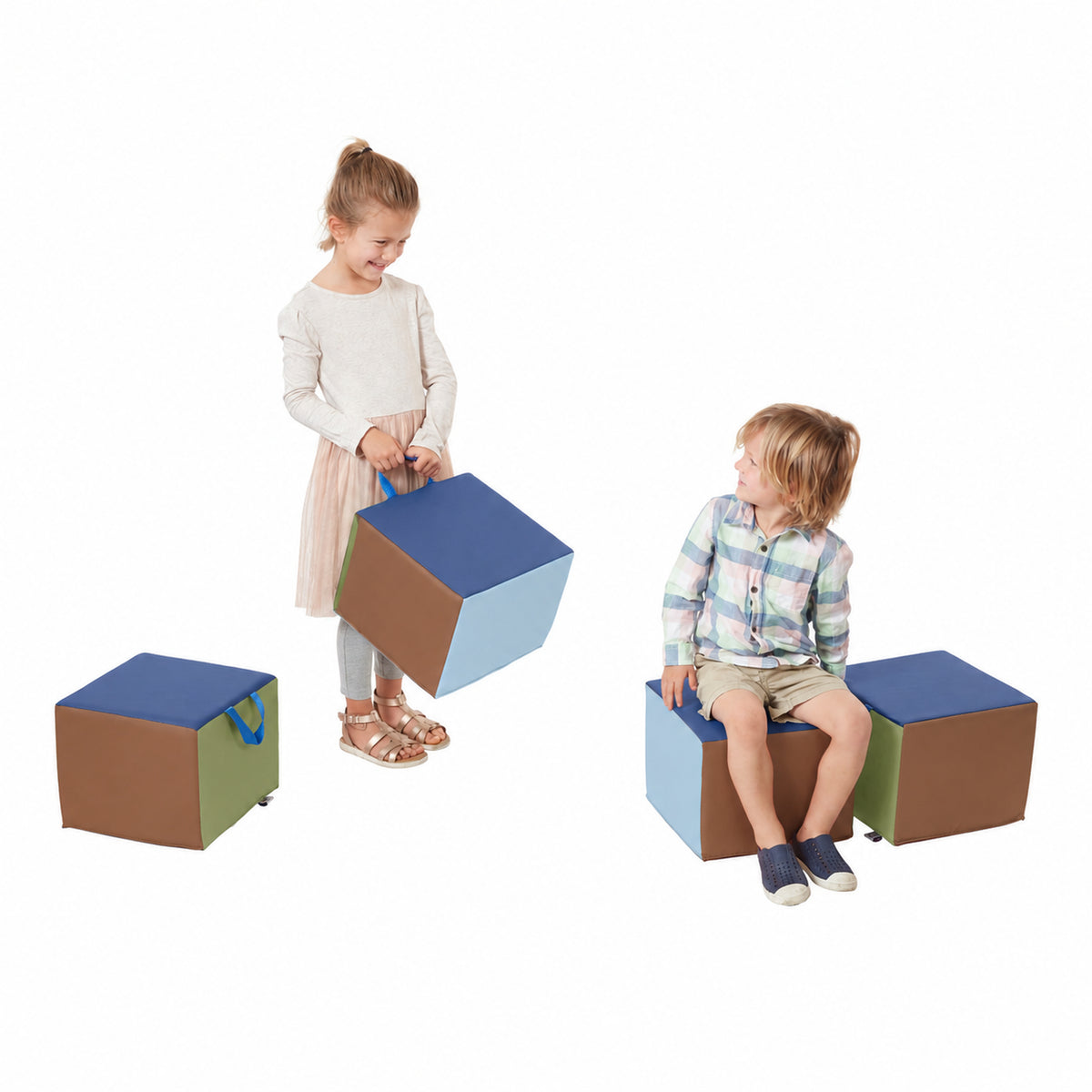 Four cube seats with padded tops in green, light blue, and brown, featuring handles on two pieces.