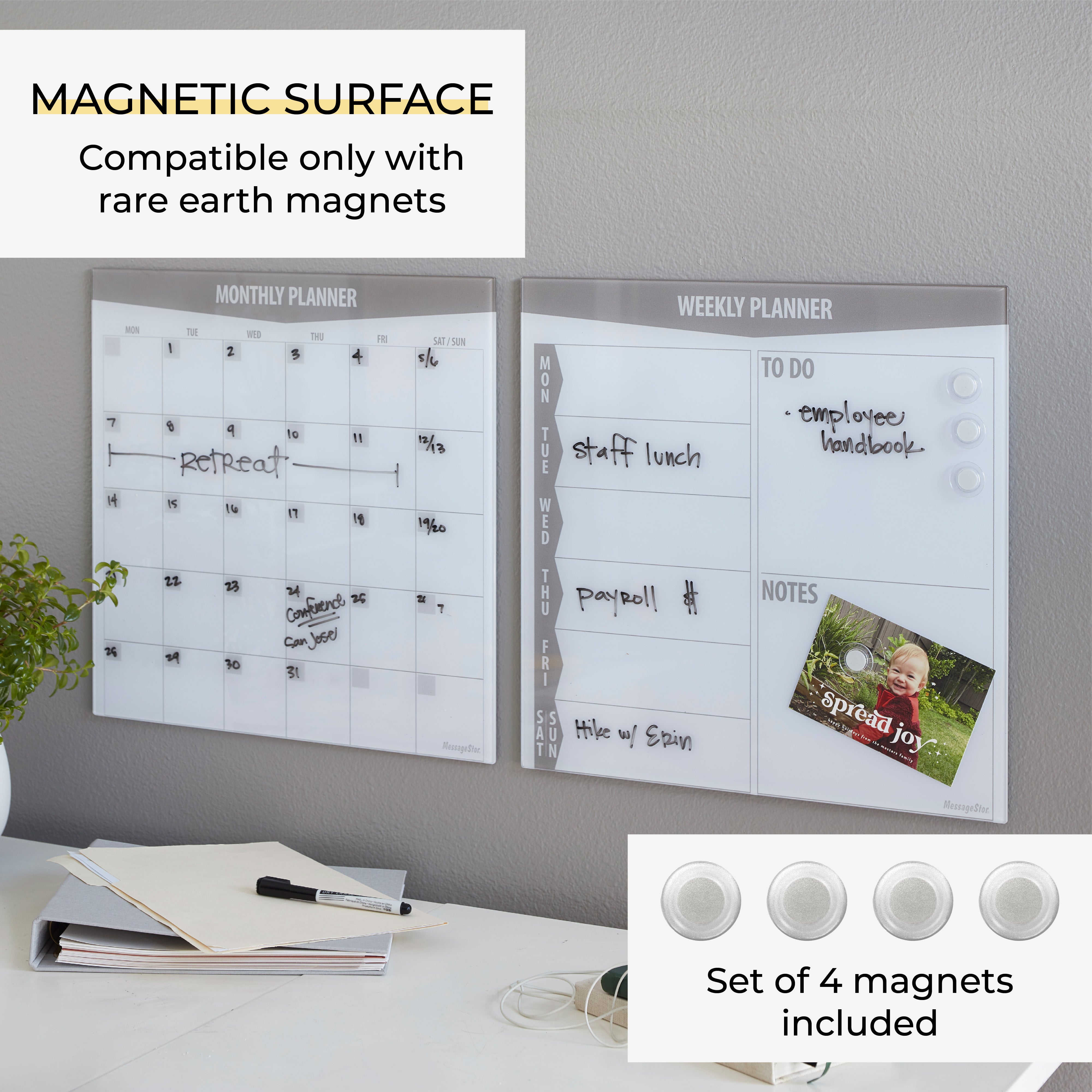 MessageStor Magnetic Dry-Erase Glass Board with Magnets, 17.5in x 17.5in, 2-Pack