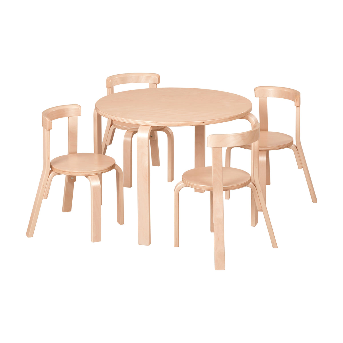 Natural wood bentwood kids table and four matching chairs with curved backs and seats.