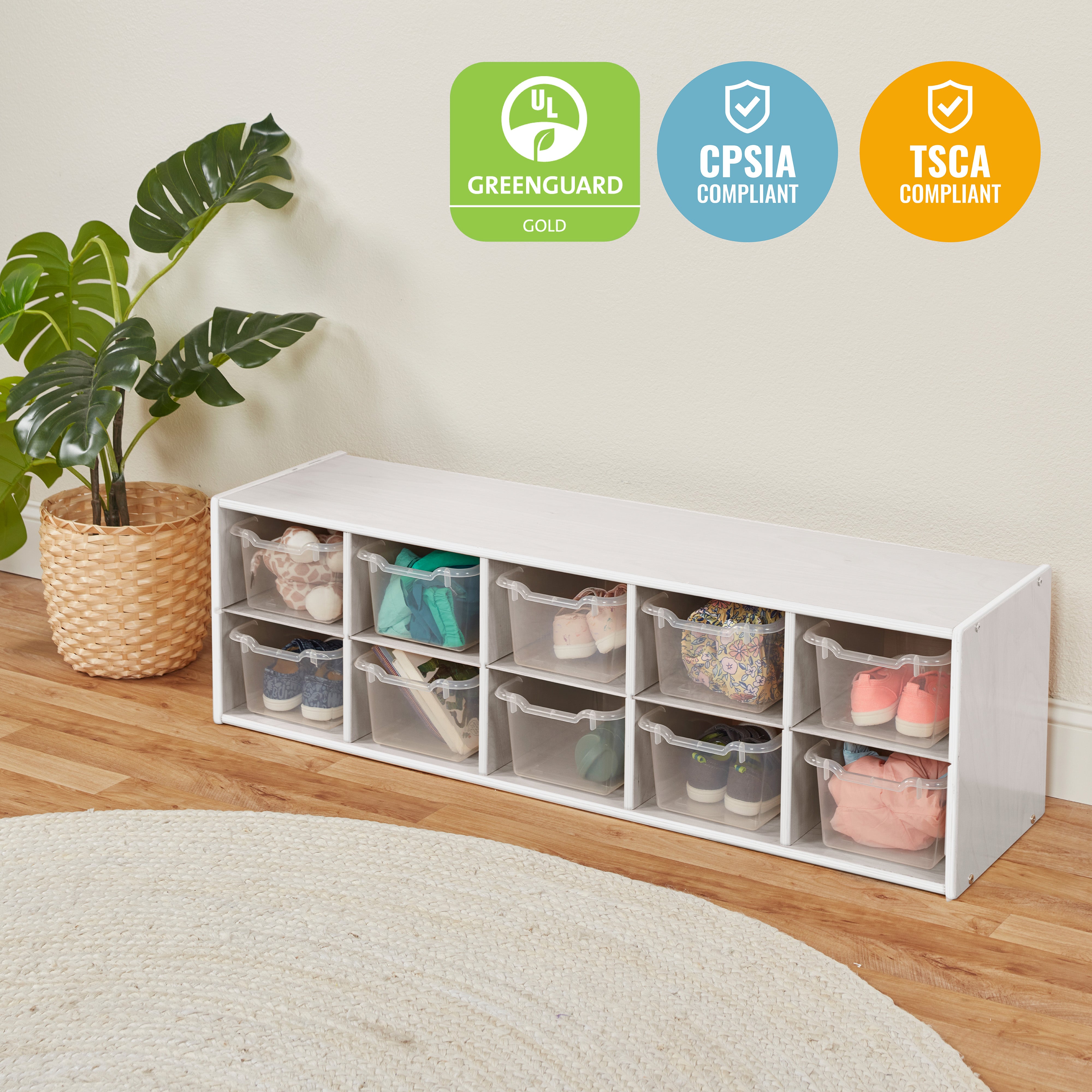 Streamline 10 Cubby Tray Cabinet with 10 Scoop Front Storage Bins, 2x5, White Wash