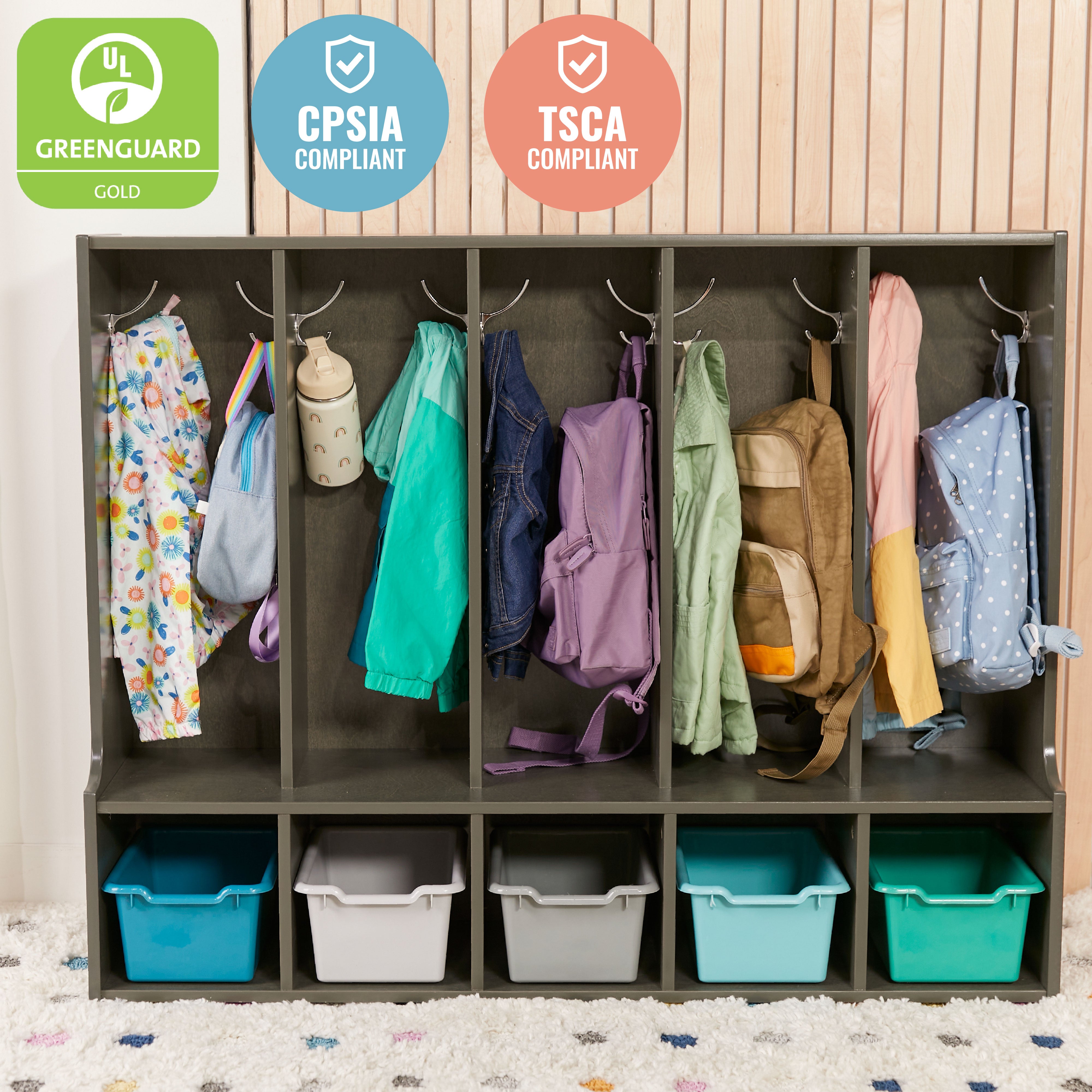 Streamline 5-Section Toddler Coat Locker with Bench and Bins