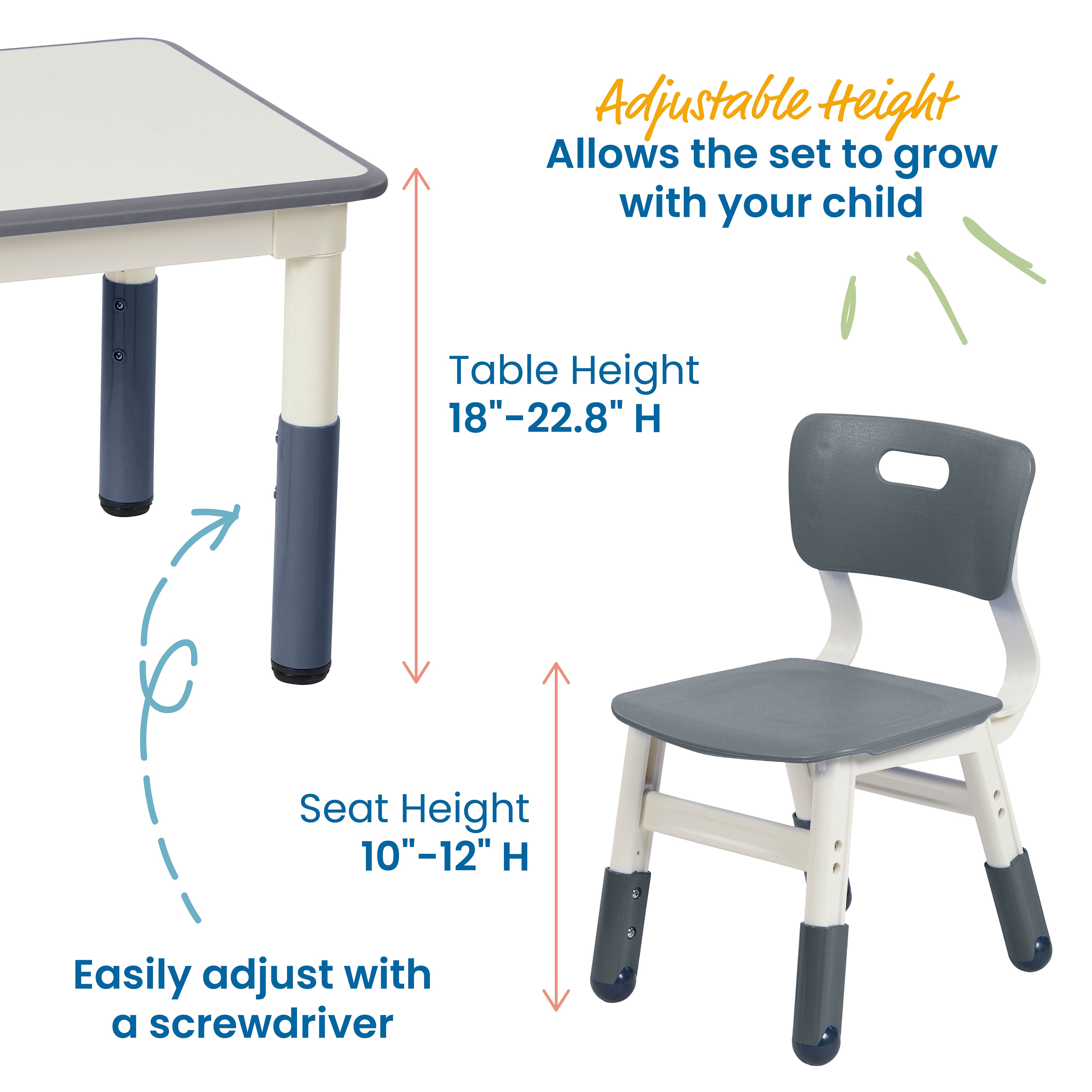 Dry-Erase Square Activity Table with 2 Chairs, Adjustable, 3-Piece