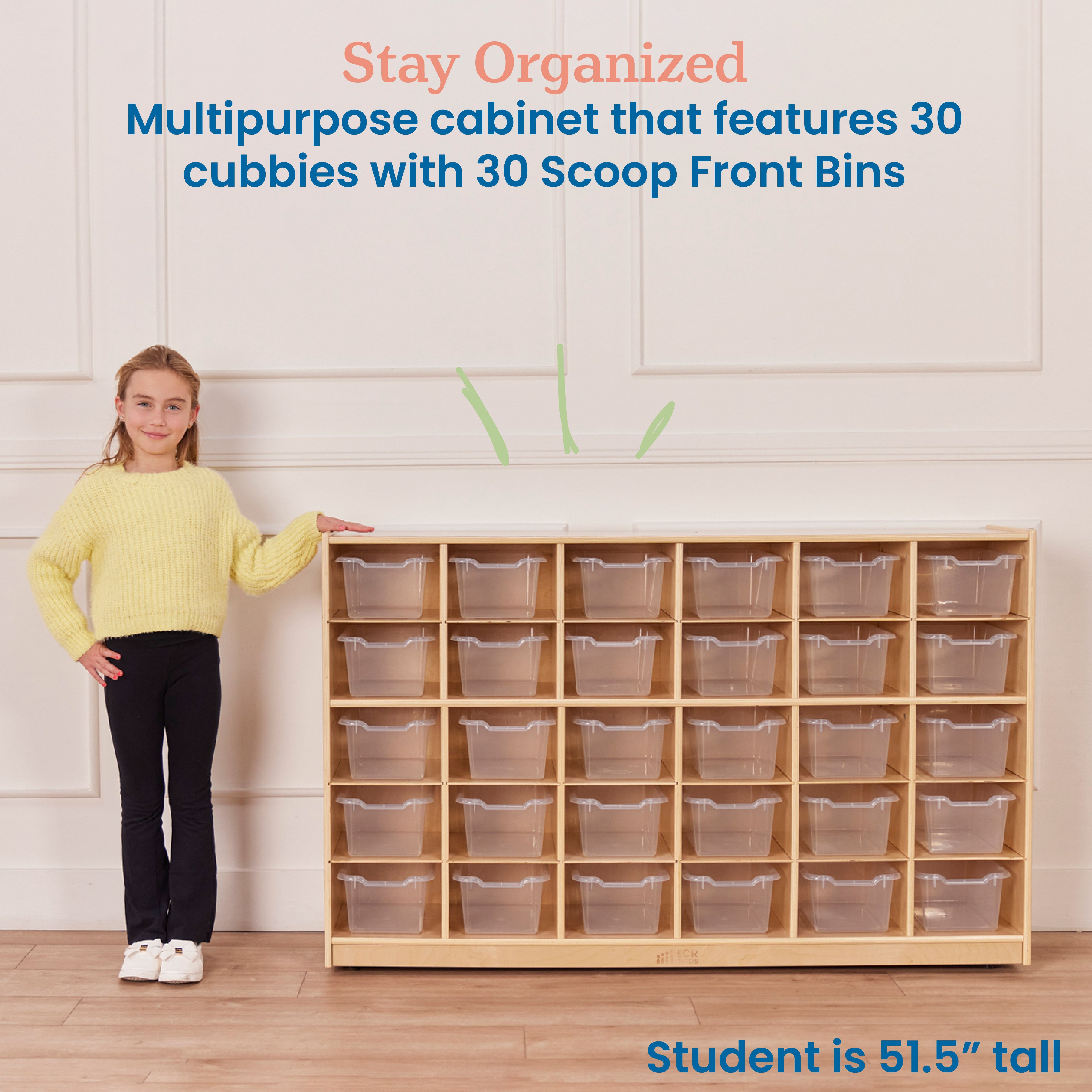 30 Cubby Mobile Tray Cabinet with 30 Scoop Front Storage Bins, 5x6, Natural