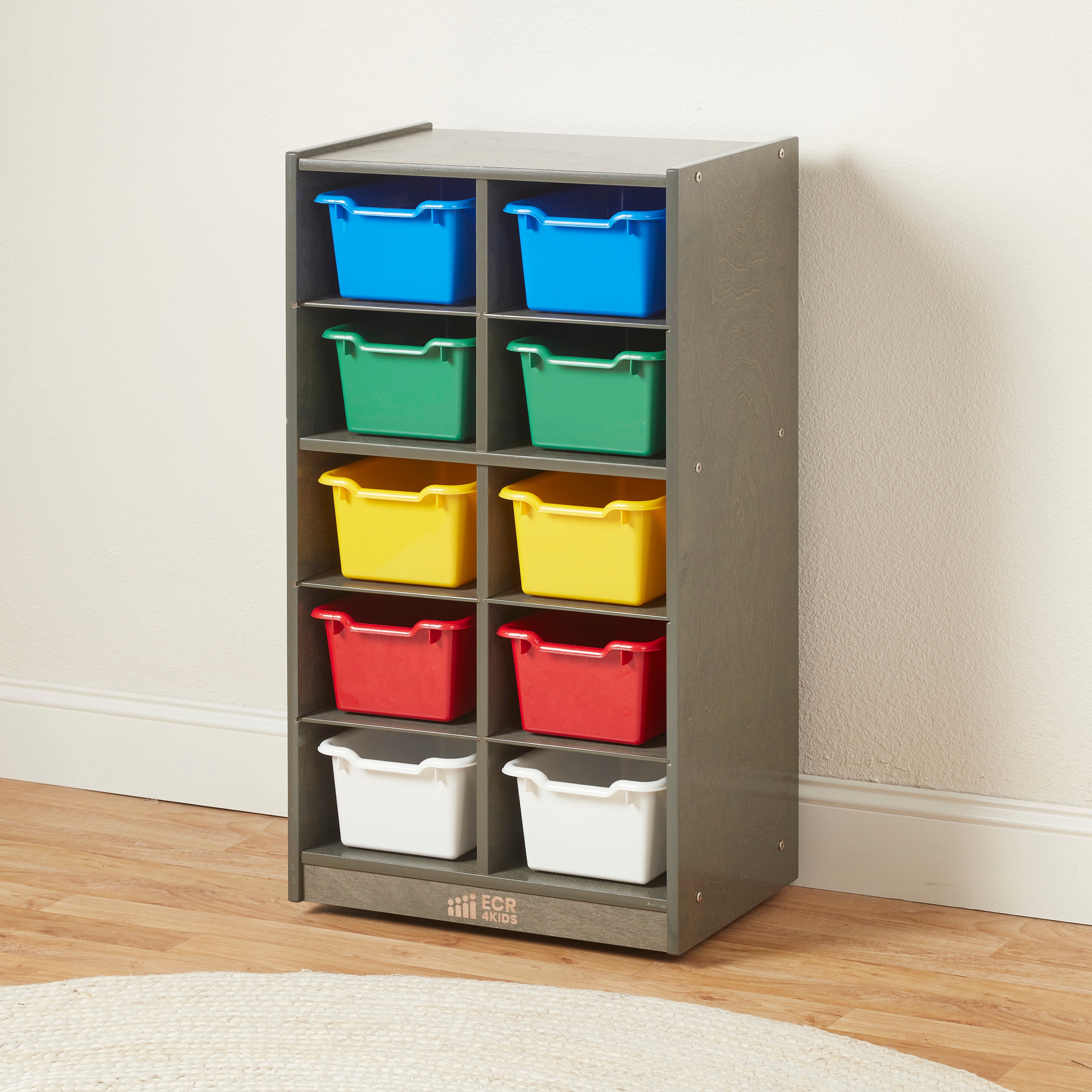 10 Cubby Mobile Tray Cabinet with 10 Scoop Front Storage Bins, 5x2, Grey Wash