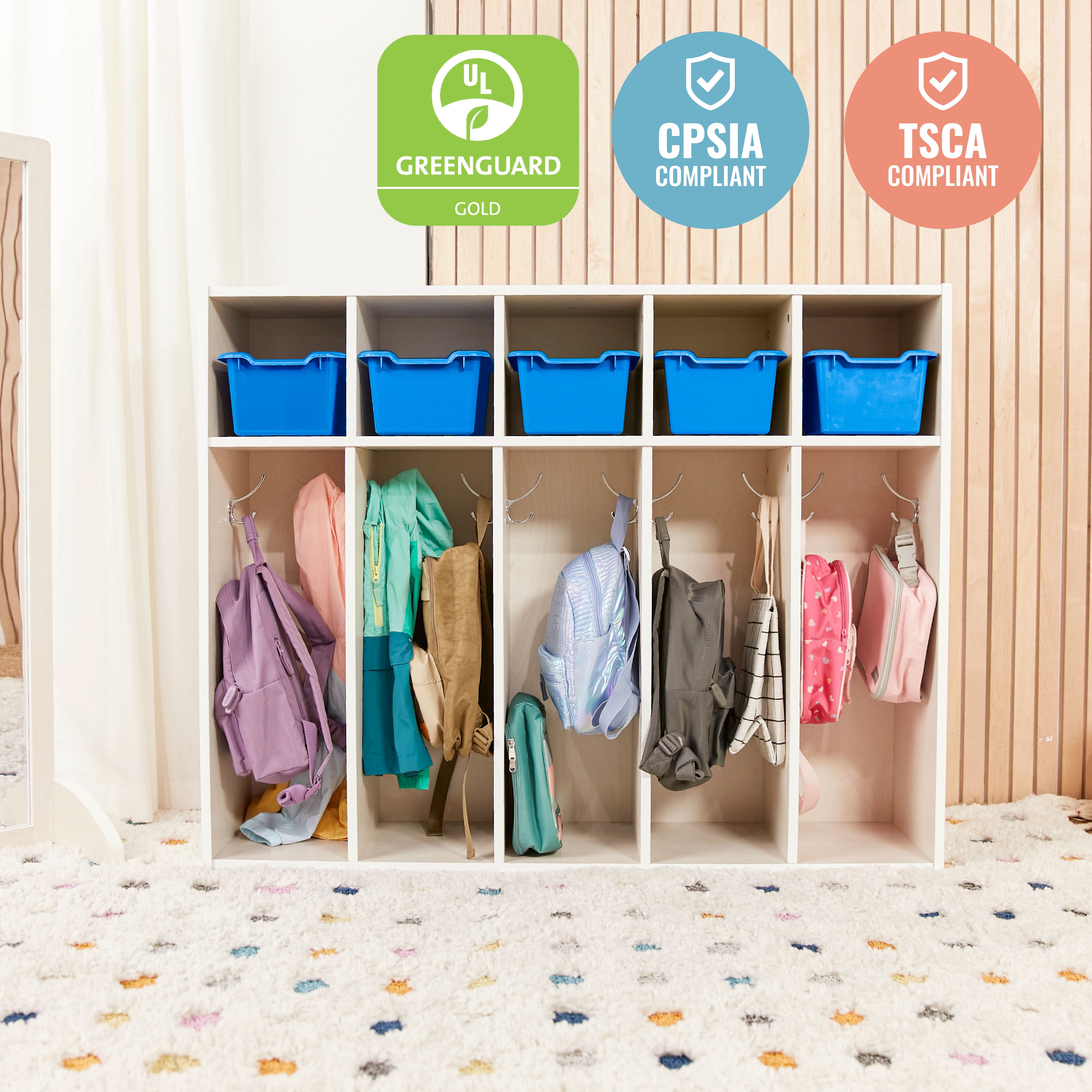 Streamline 5-Section Coat Locker with Scoop Front Storage Bins, Toddler Size, White Wash