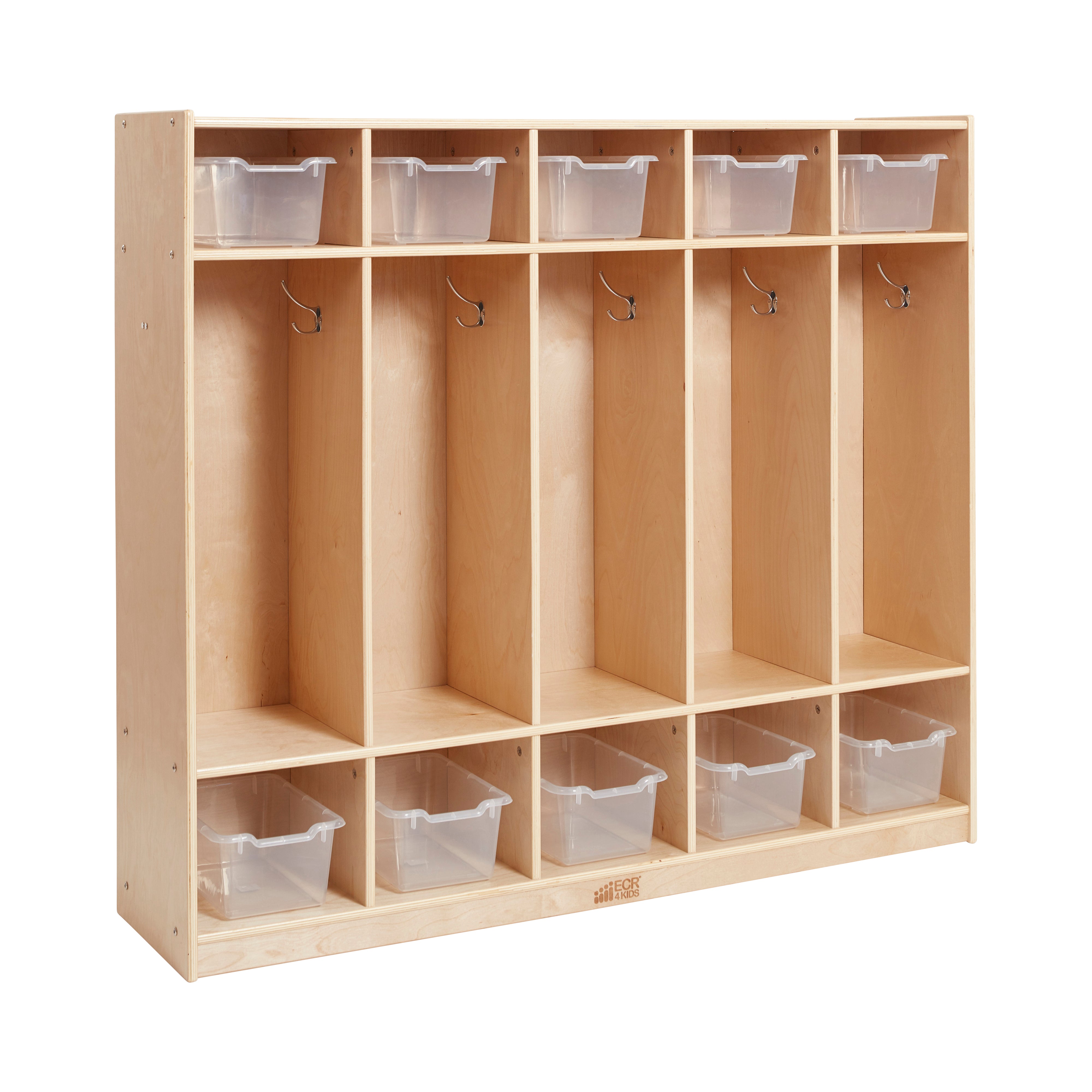 5-Section Coat Locker and Scoop Front Storage Bins, Natural
