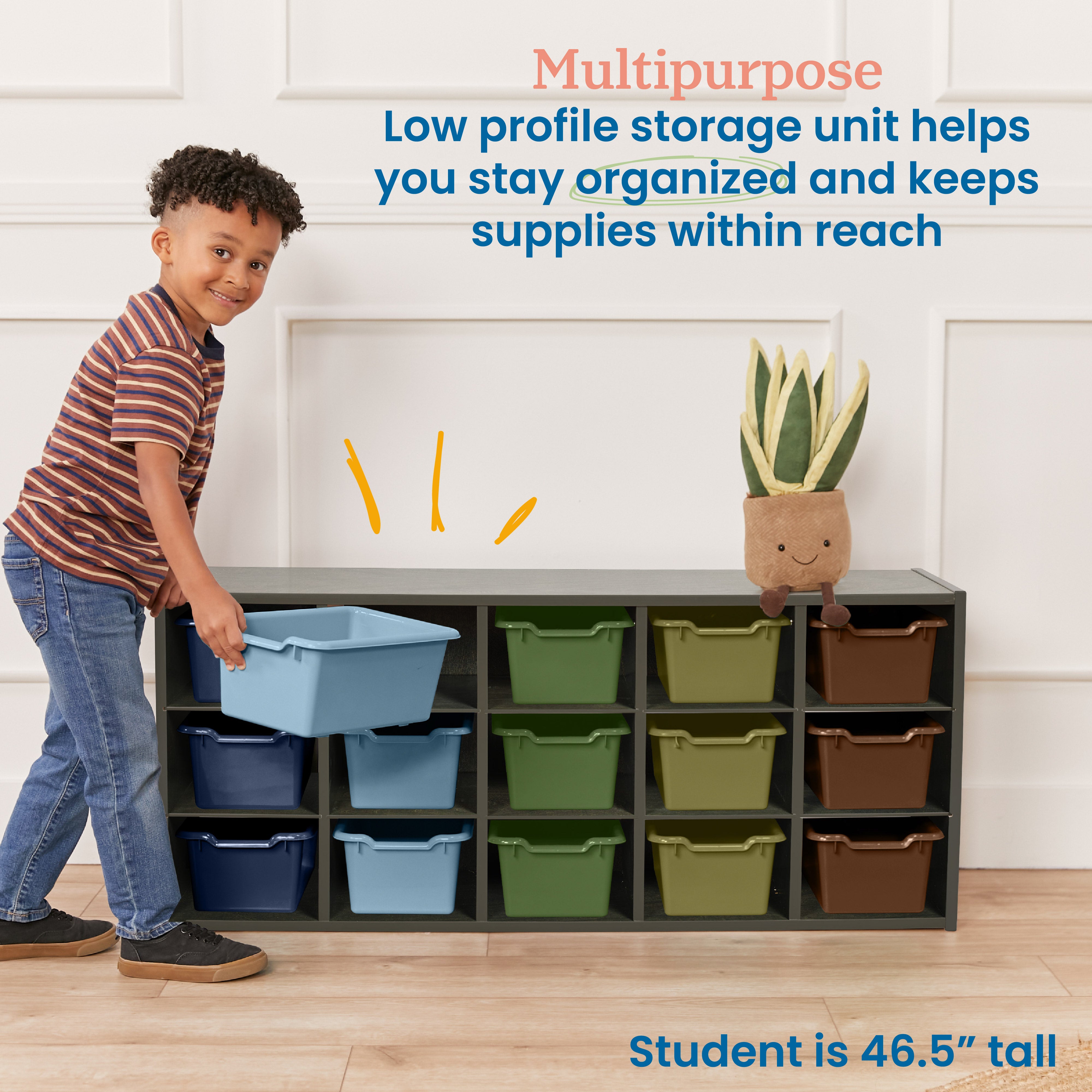 Streamline 15 Cubby Tray Cabinet with 15 Scoop Front Storage Bins, 3x5, Grey Wash