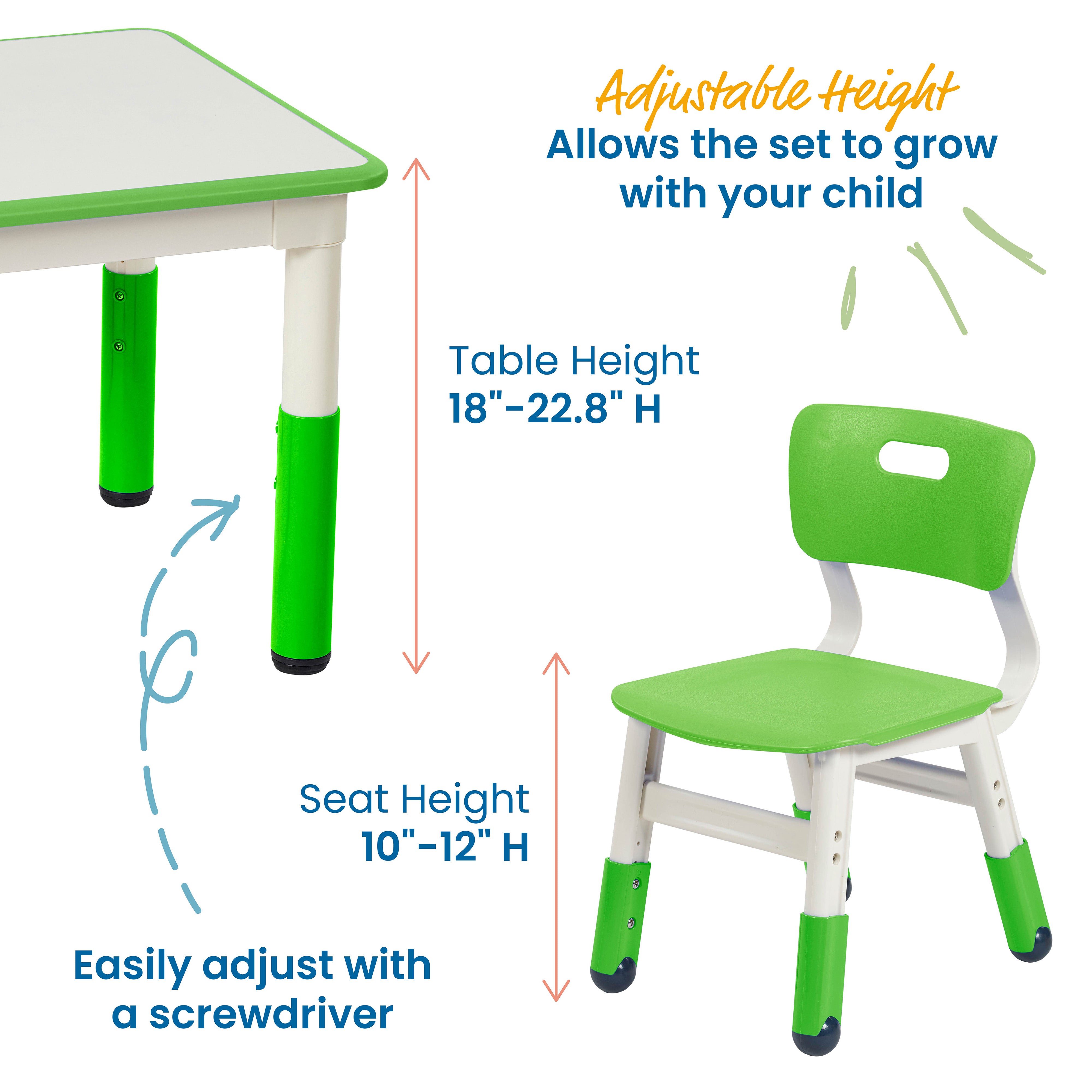 Dry-Erase Square Activity Table with 2 Chairs, Adjustable, 3-Piece
