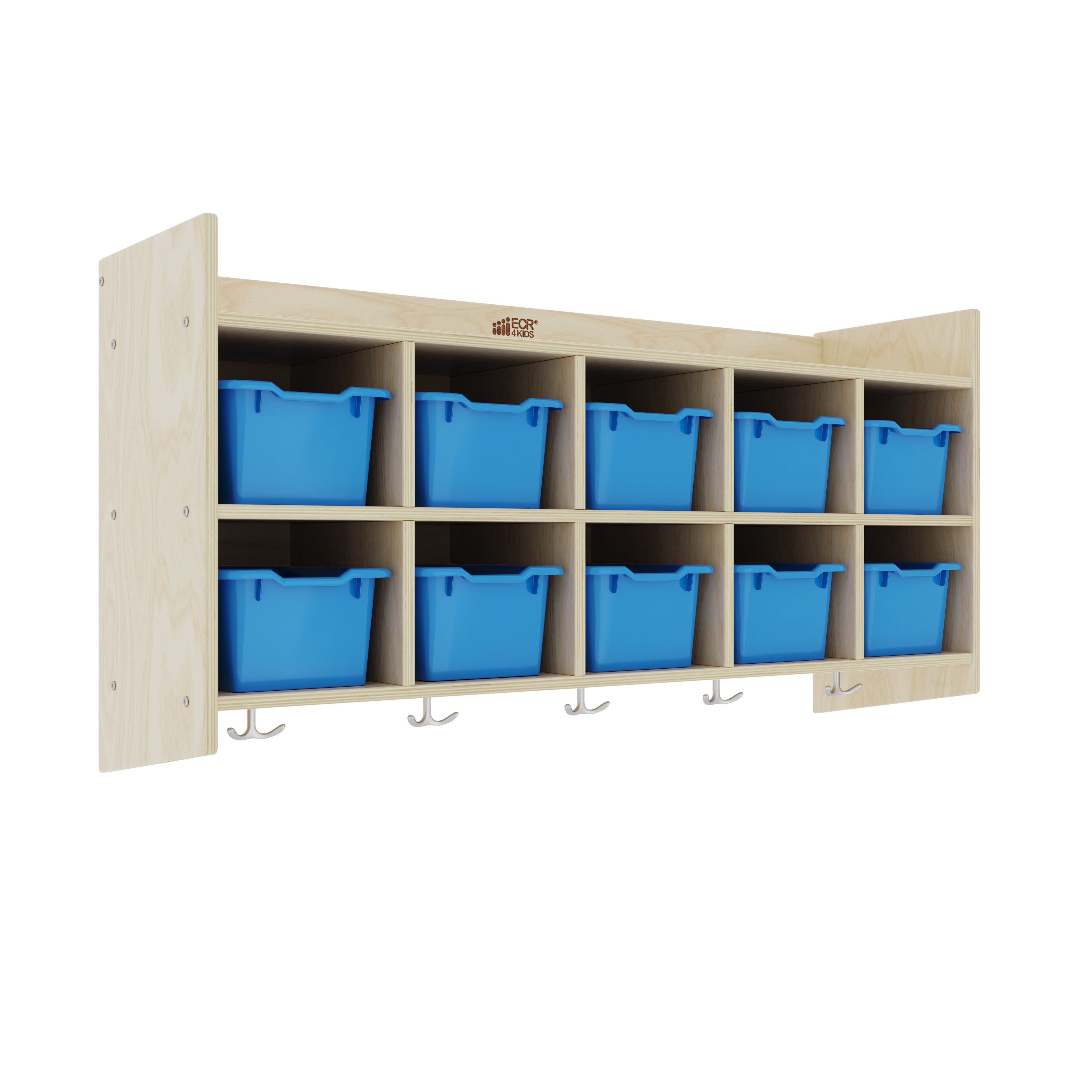 10-Section Hanging Coat Locker with Shelf and Scoop Front Storage Bins, Natural