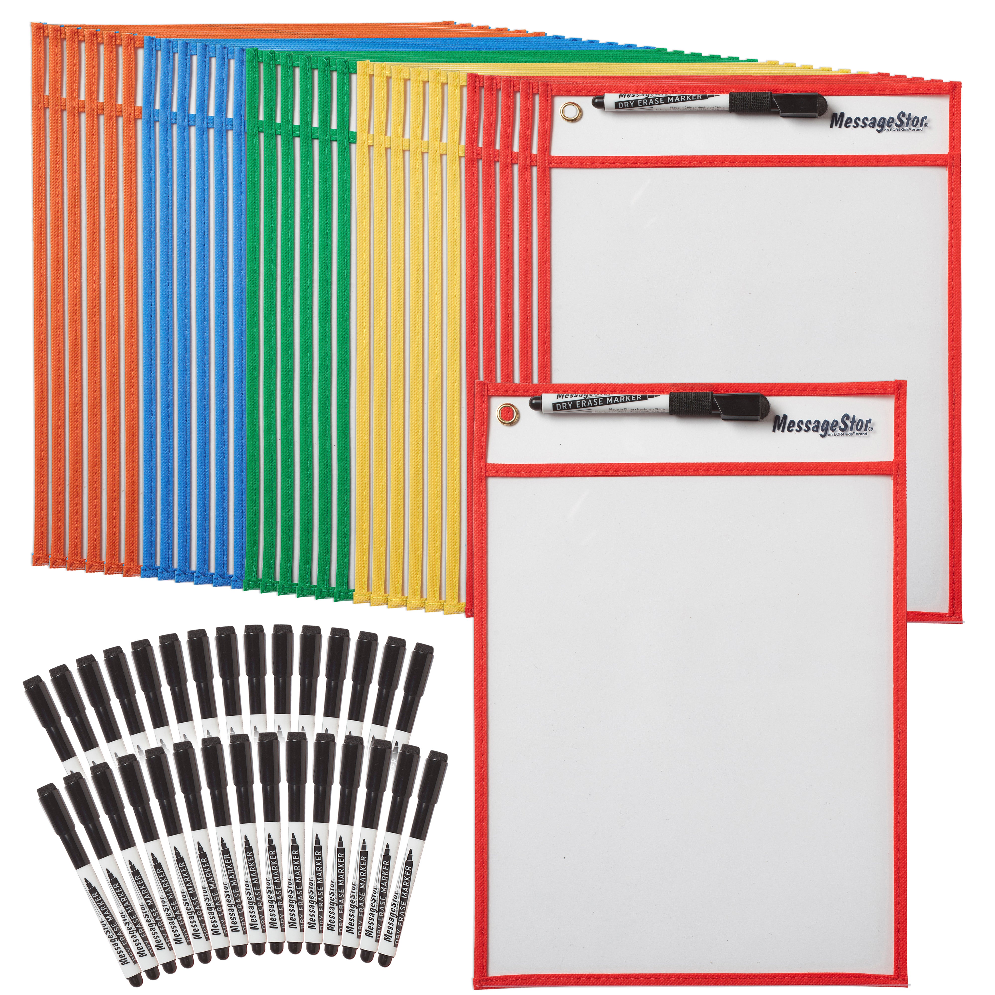 MessageStor Dry-Erase Reusable Clear Pockets with Markers, 30-Piece