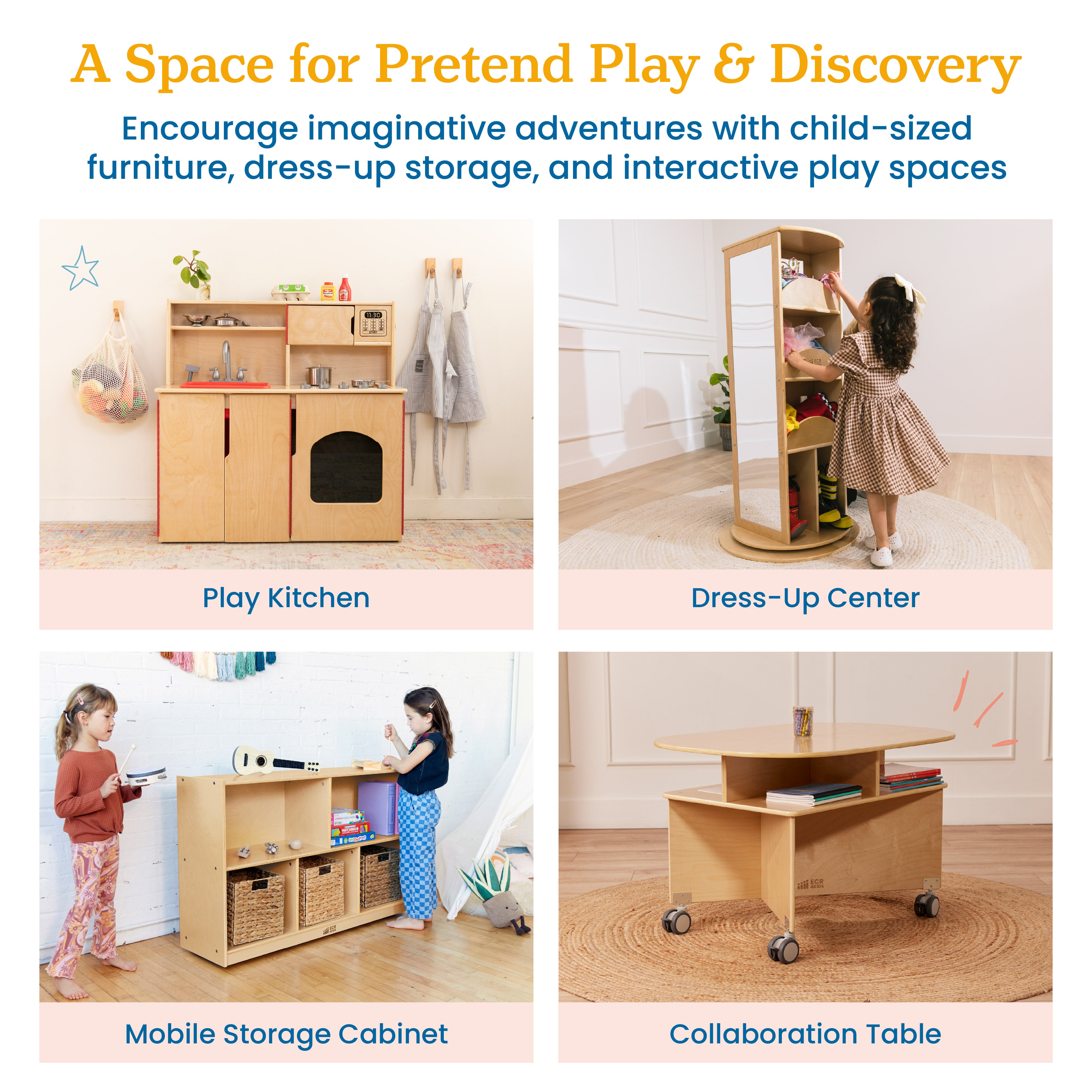 Preschool Dramatic Play Center with Play Kitchen, Dress Up Carousel, Storage Cabinet and Collaboration Table