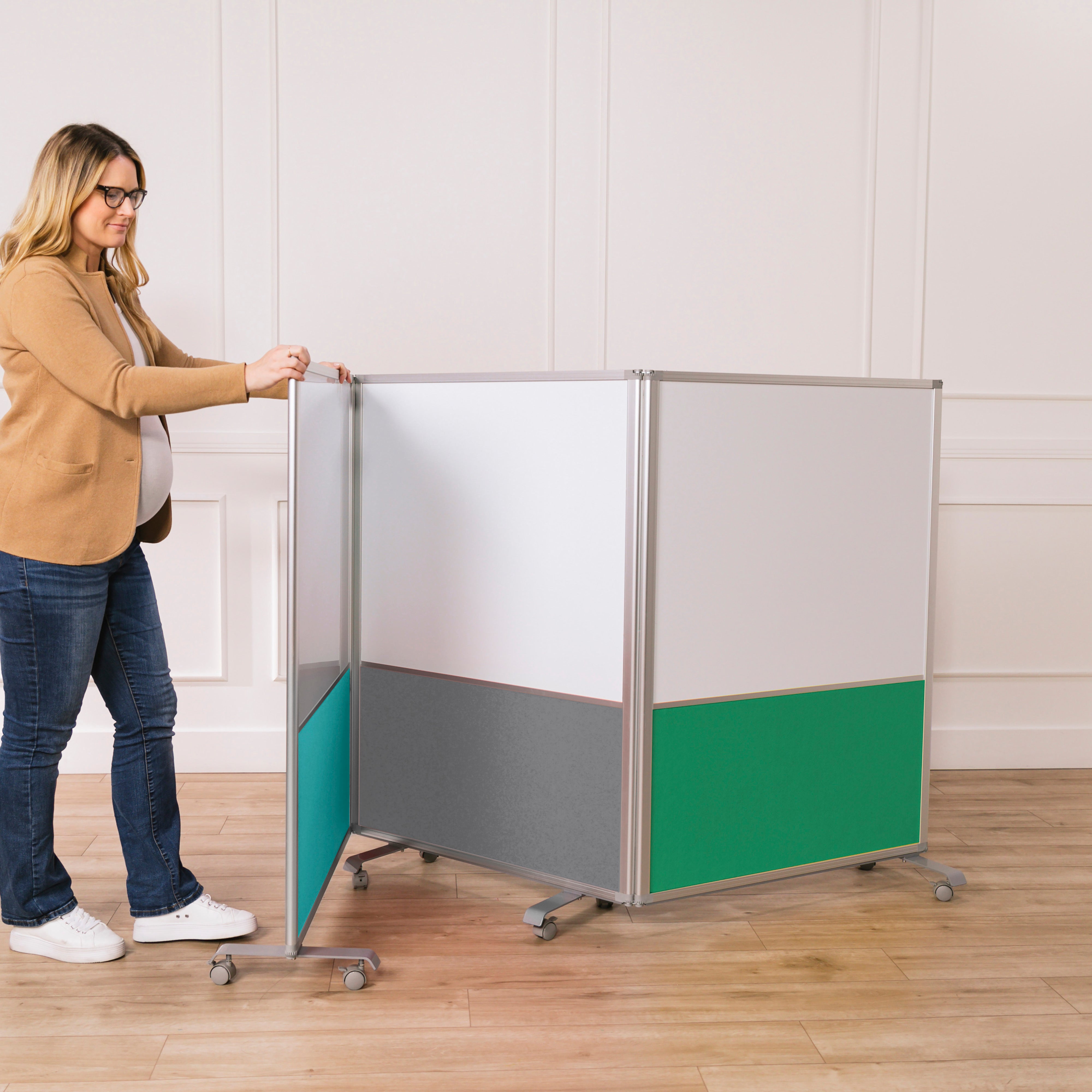 Mobile Dry-Erase and Flannel Split Room Divider, 3-Panel