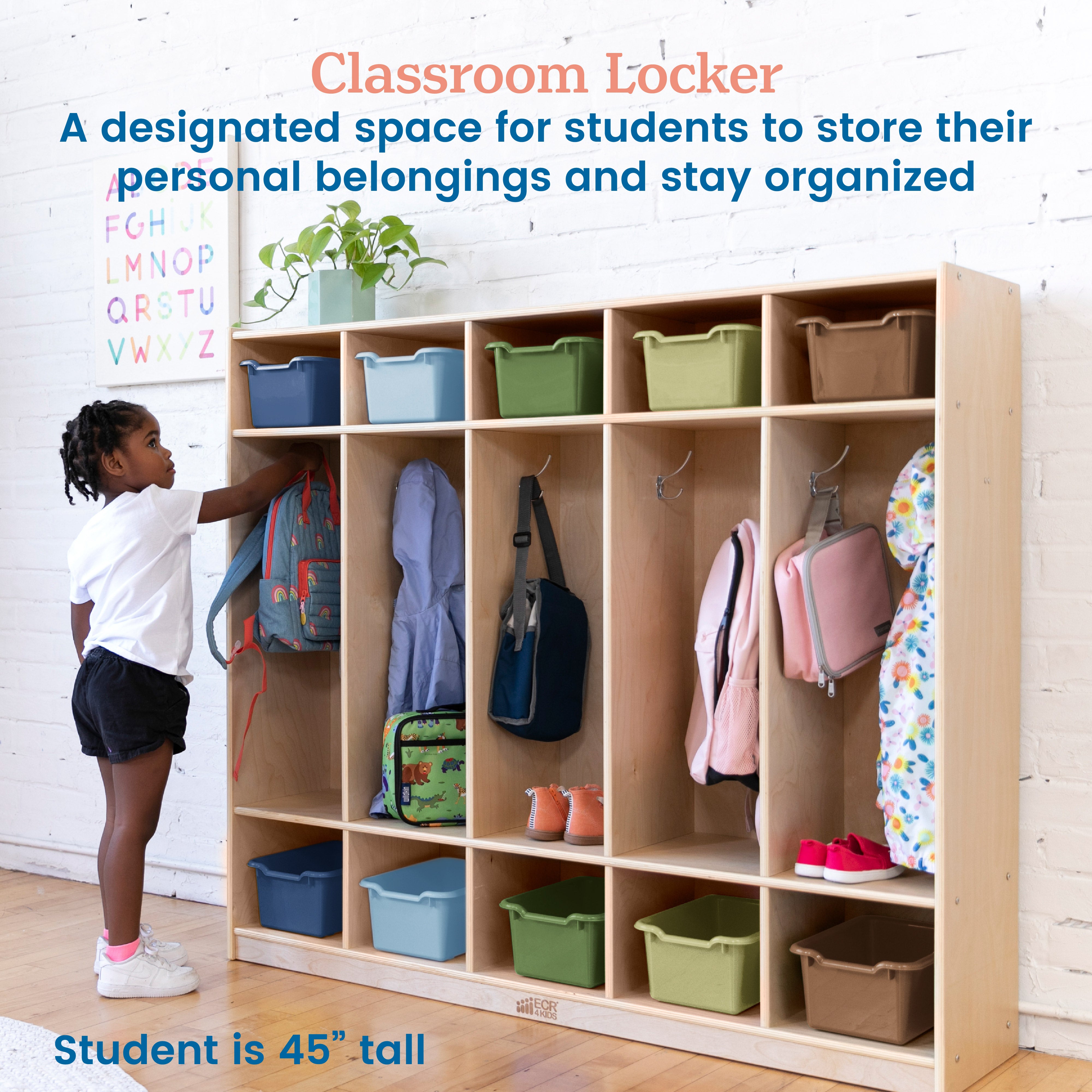 5-Section Coat Locker and Scoop Front Storage Bins, Natural