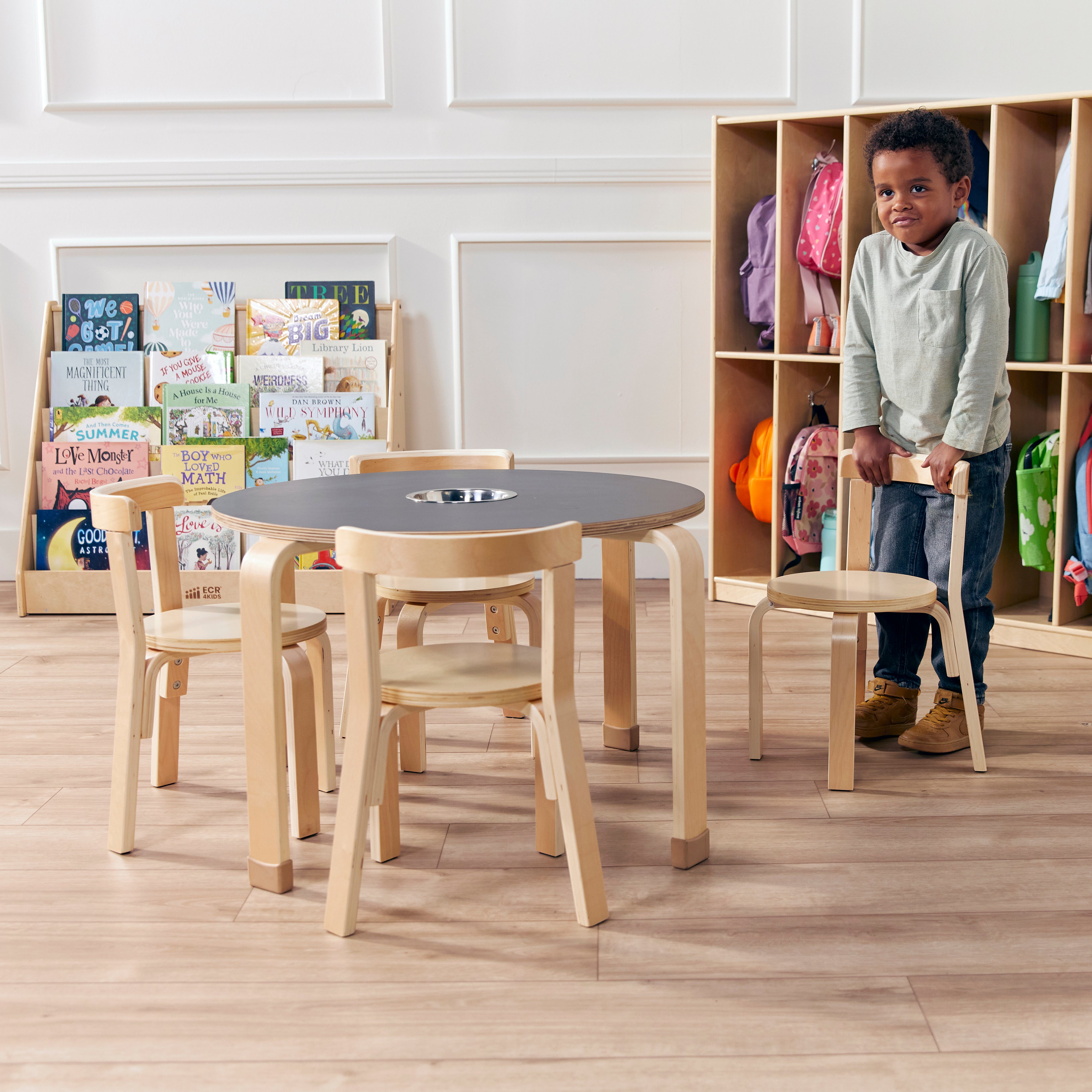 Bentwood Chalkboard Table and Curved Back Chair Set, Kids Furniture, Natural, 5-Piece