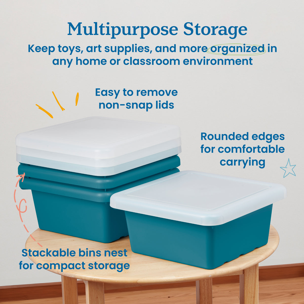 Stackable Square Bins with Non-Snap Lids, 4-Pack