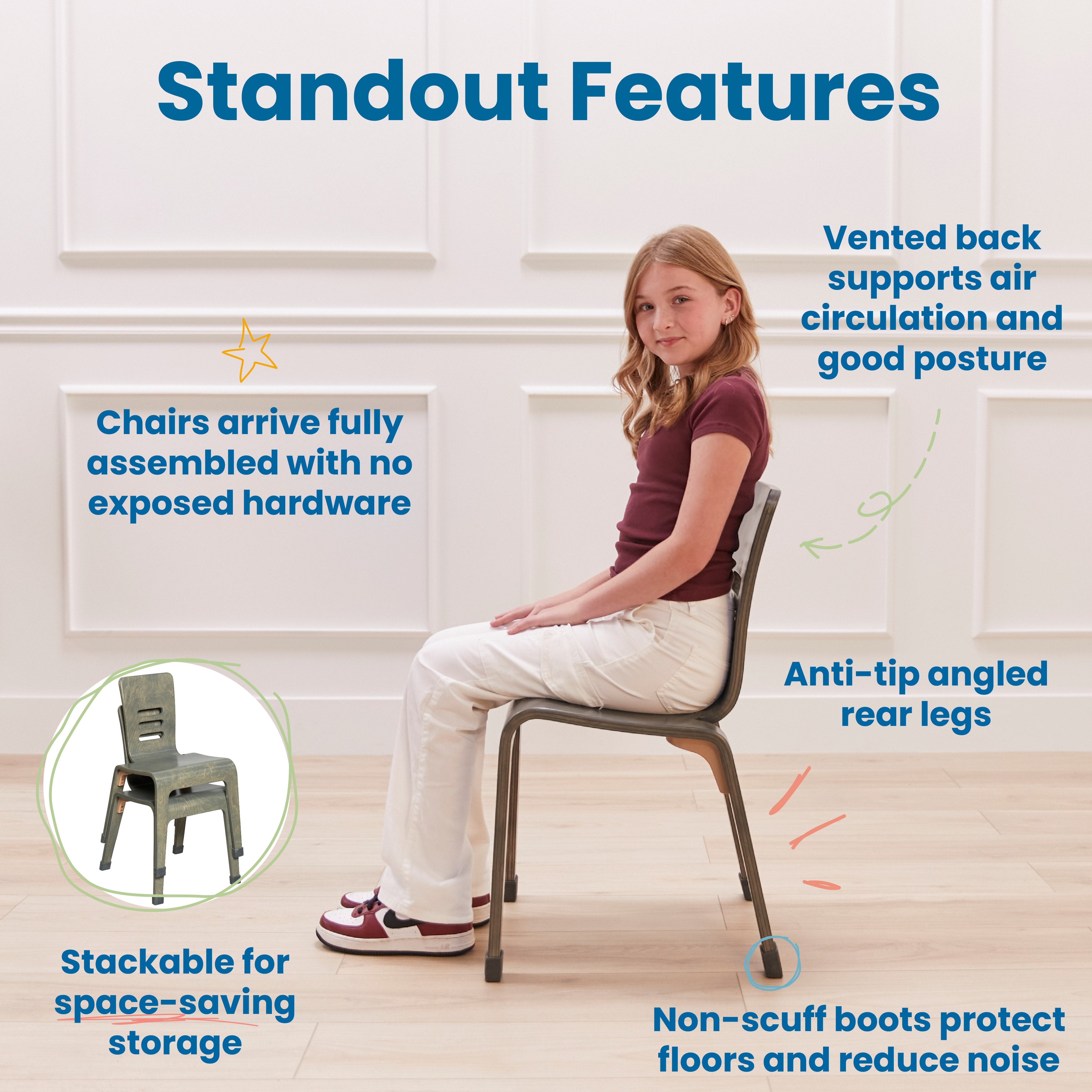 Bentwood Chair, 16in Seat Height, Stackable Seats, 2-Pack