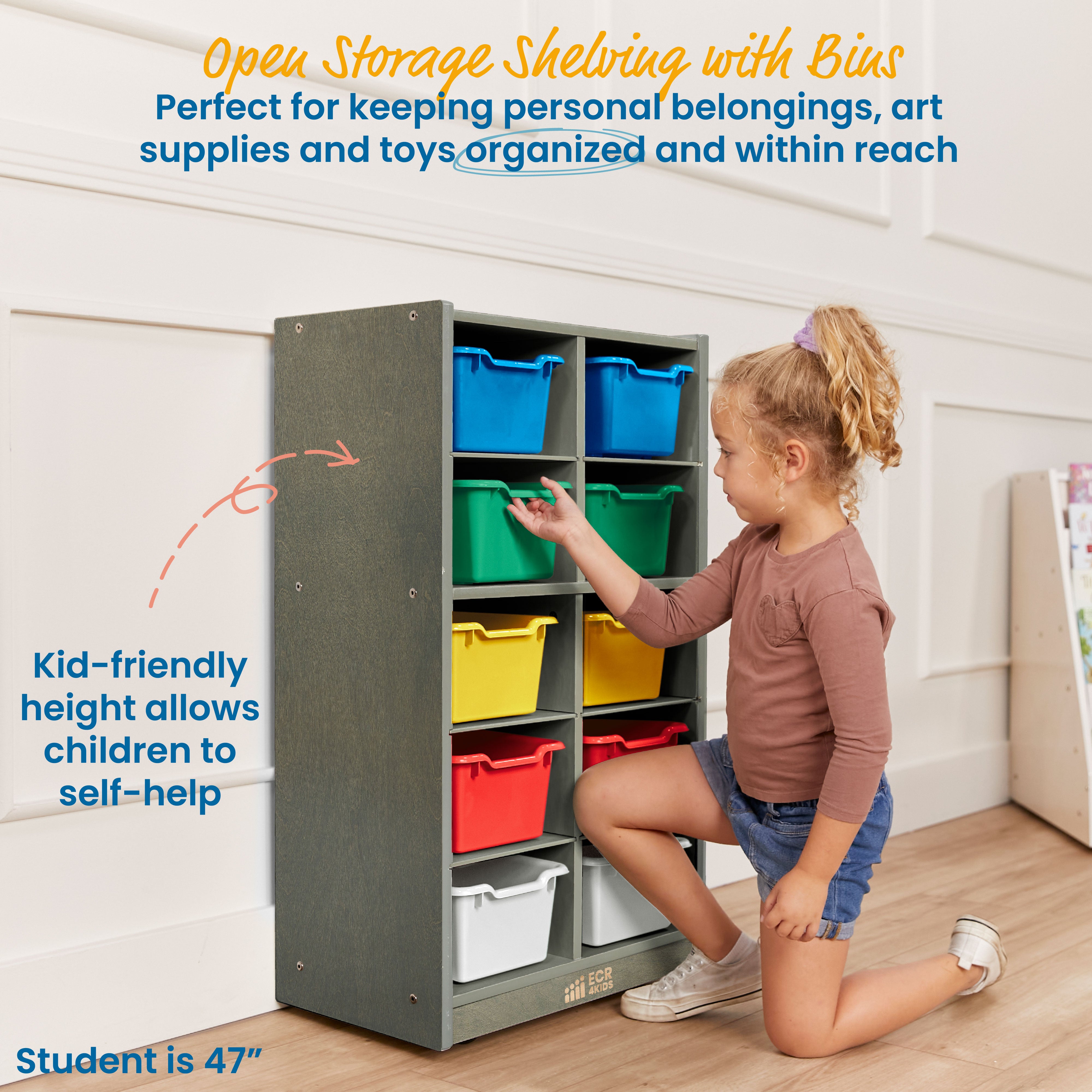 10 Cubby Mobile Tray Cabinet with 10 Scoop Front Storage Bins, 5x2, Grey Wash