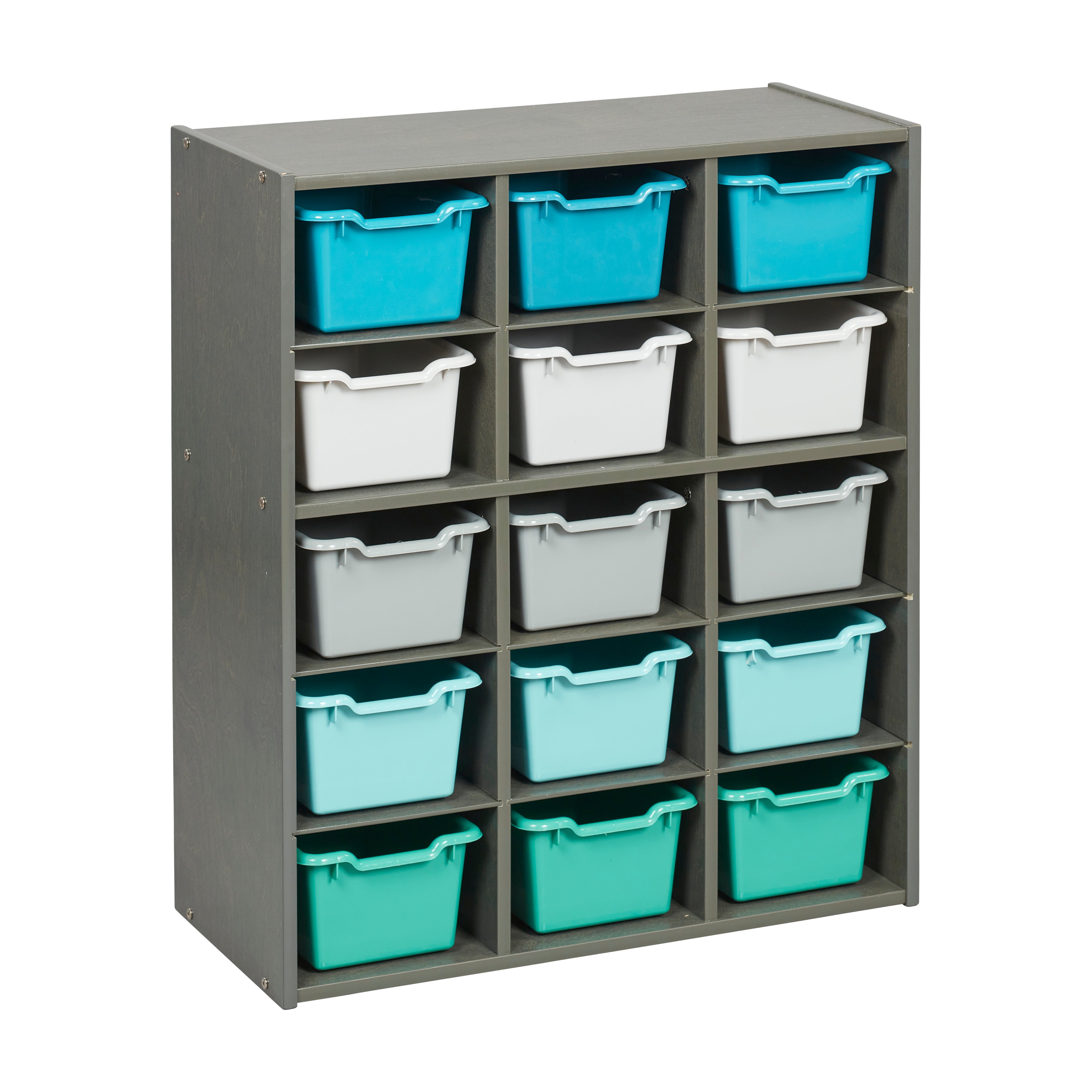 Streamline 15 Cubby Tray Cabinet with 15 Scoop Front Storage Bins, 5x3, Grey Wash