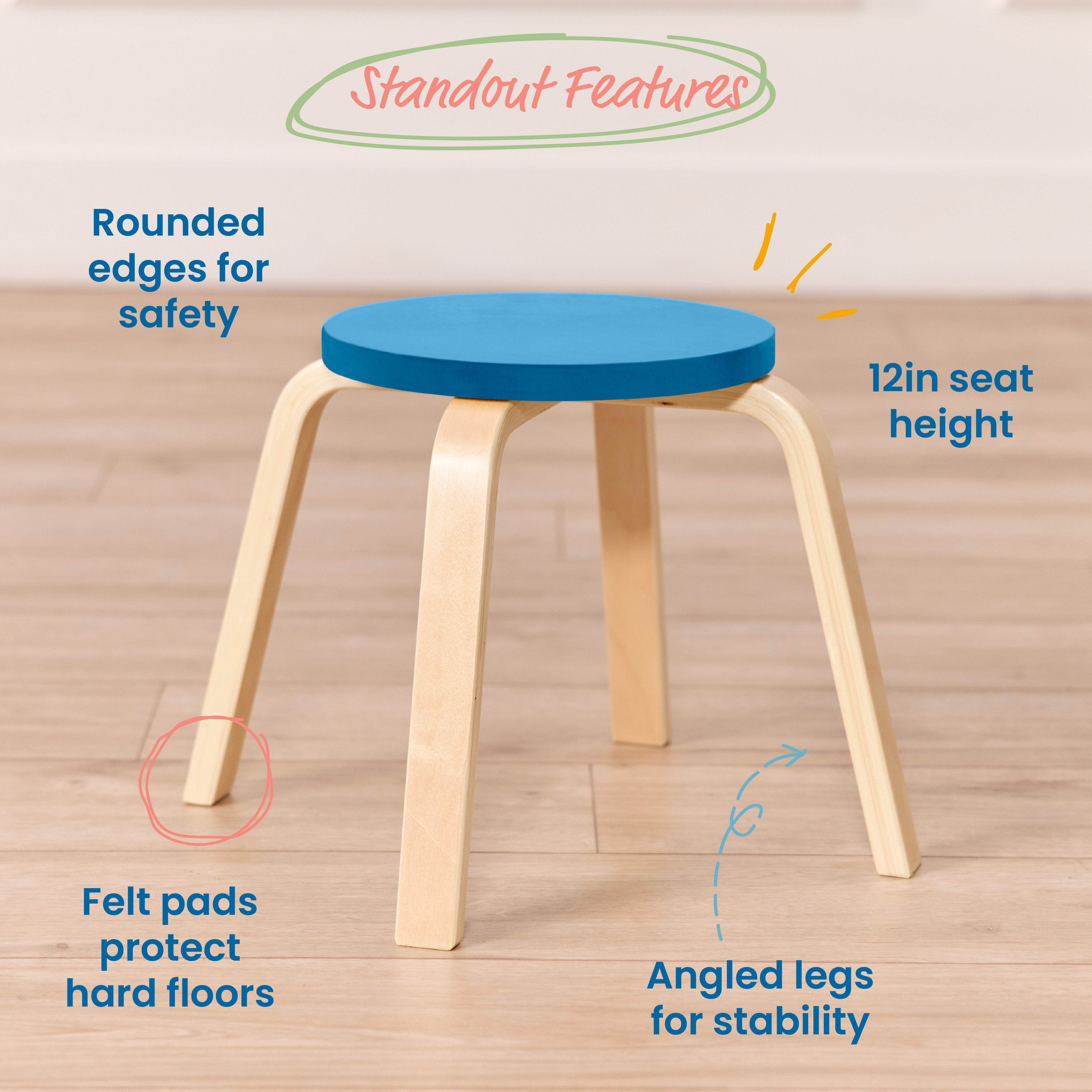 Bentwood Stackable Stools, 12in Seat Height, 6-Piece