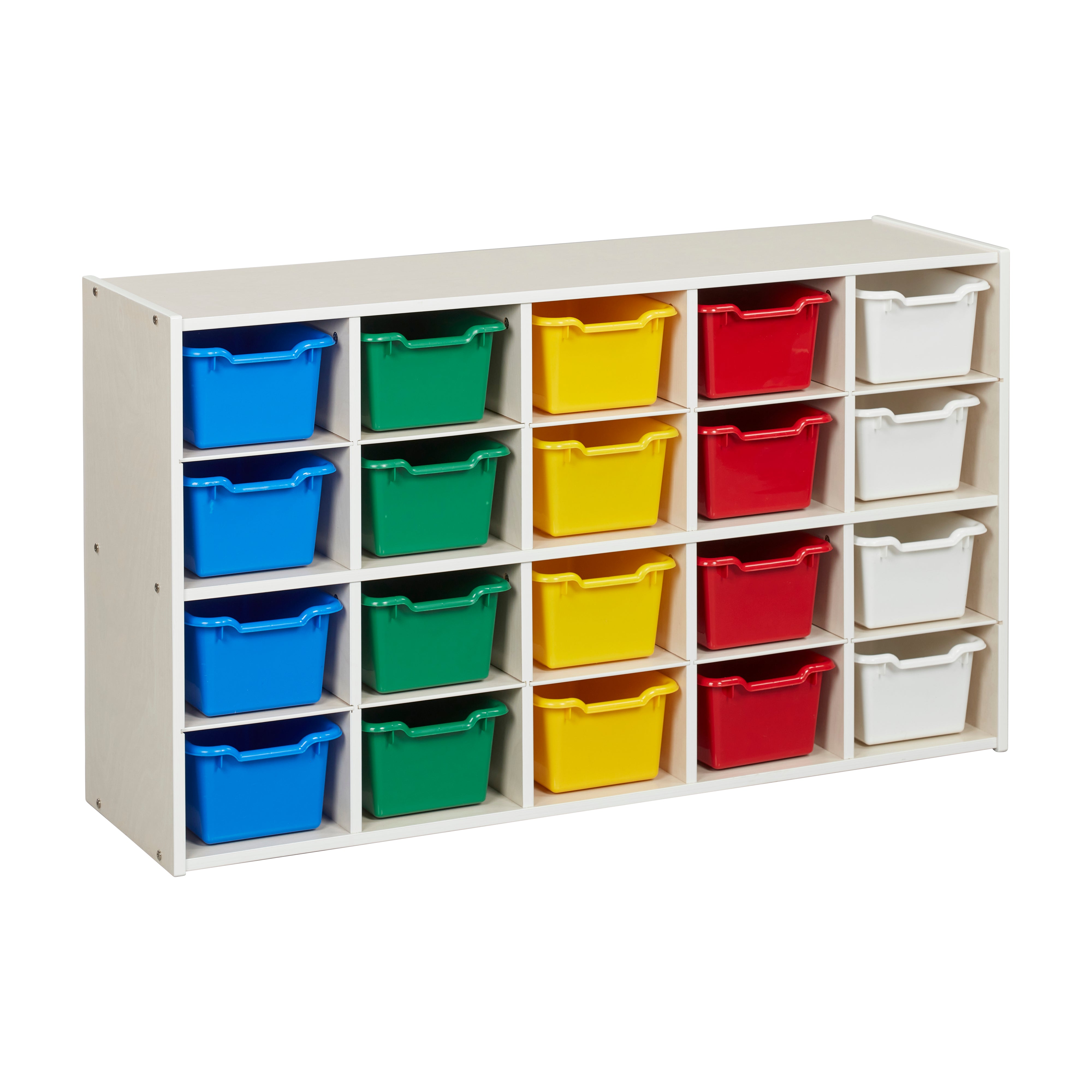 Streamline 20 Cubby Tray Storage Cabinet with 20 Scoop Front Storage Bins, 4x5, White Wash