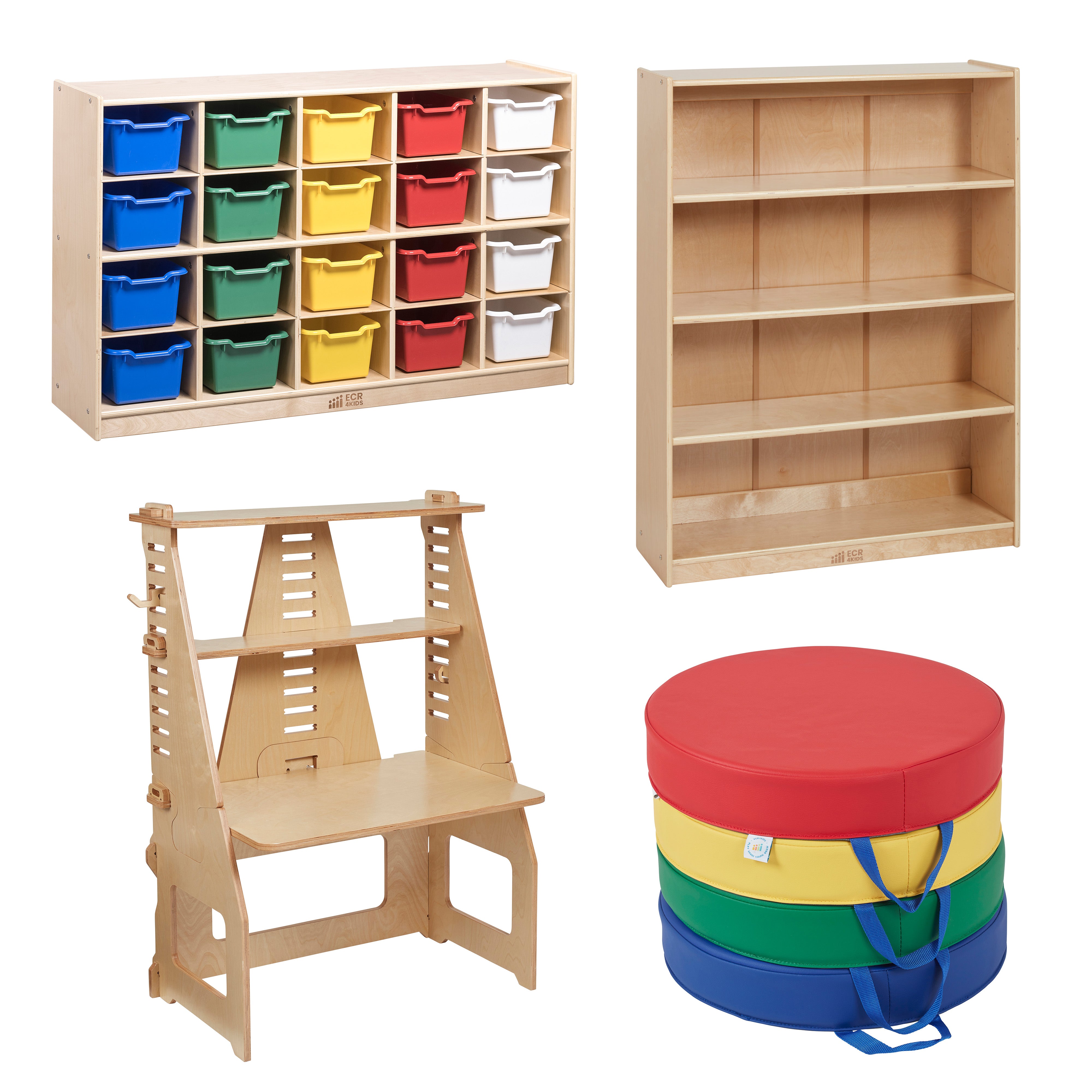 Home Learning Package with Adjustable Desk, Bookcase, Storage Cabinet with Bins and Floor Cushions