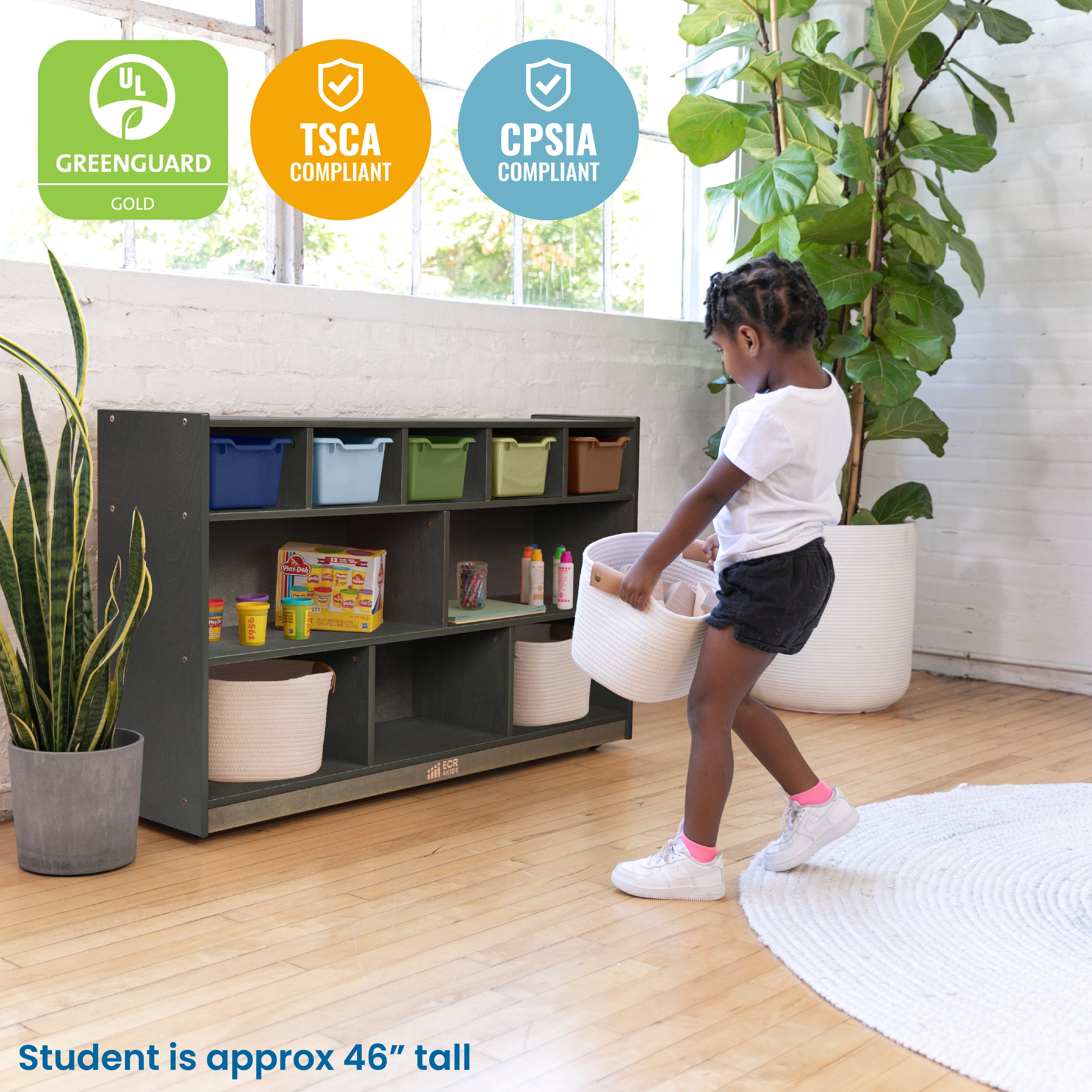 5+5 Mobile Storage and Tray Cabinet with 5 Scoop Front Bins, Grey Wash, Classroom Furniture