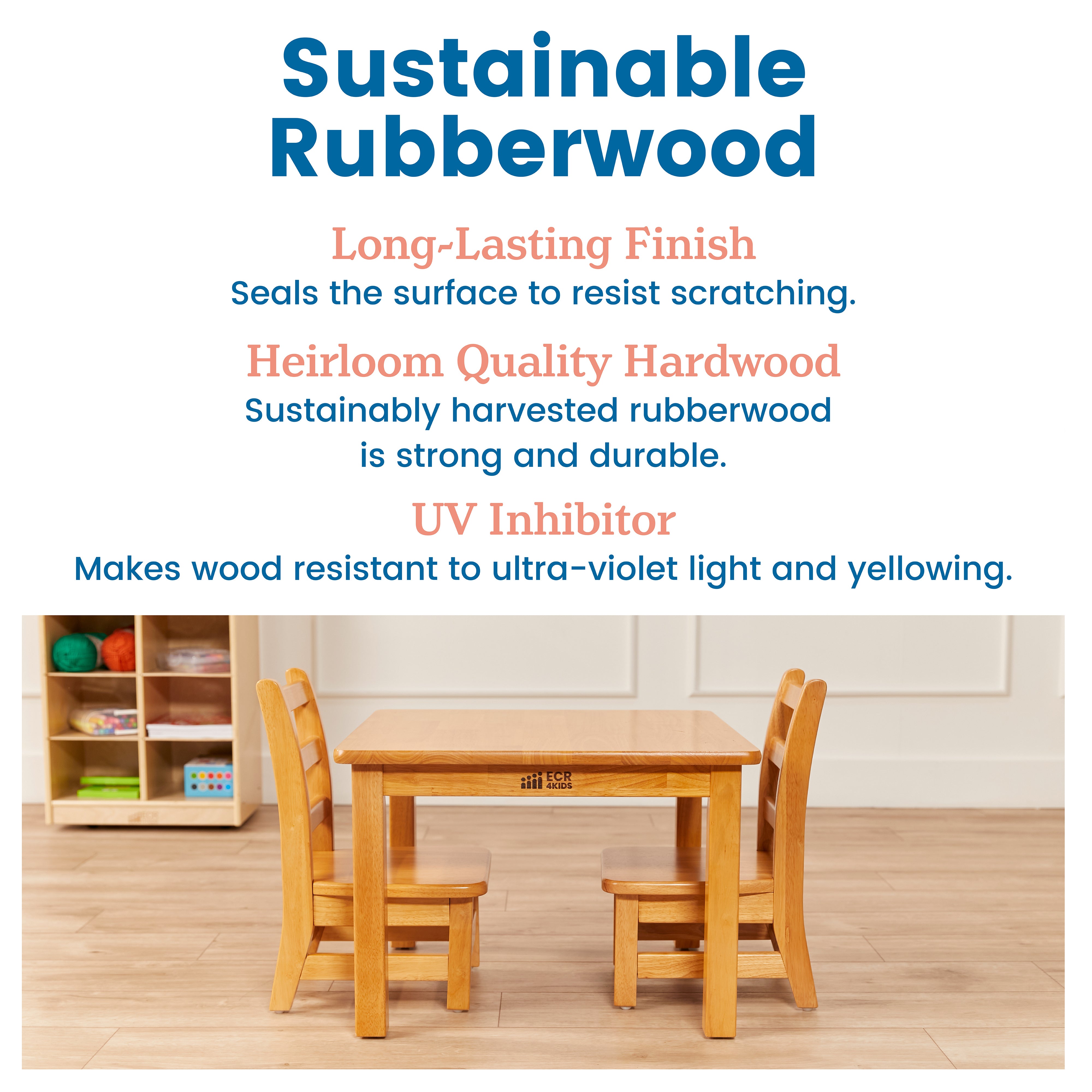 24in x 24in Square Hardwood Table with 16in Legs and Two 8in Chairs, 3-Piece