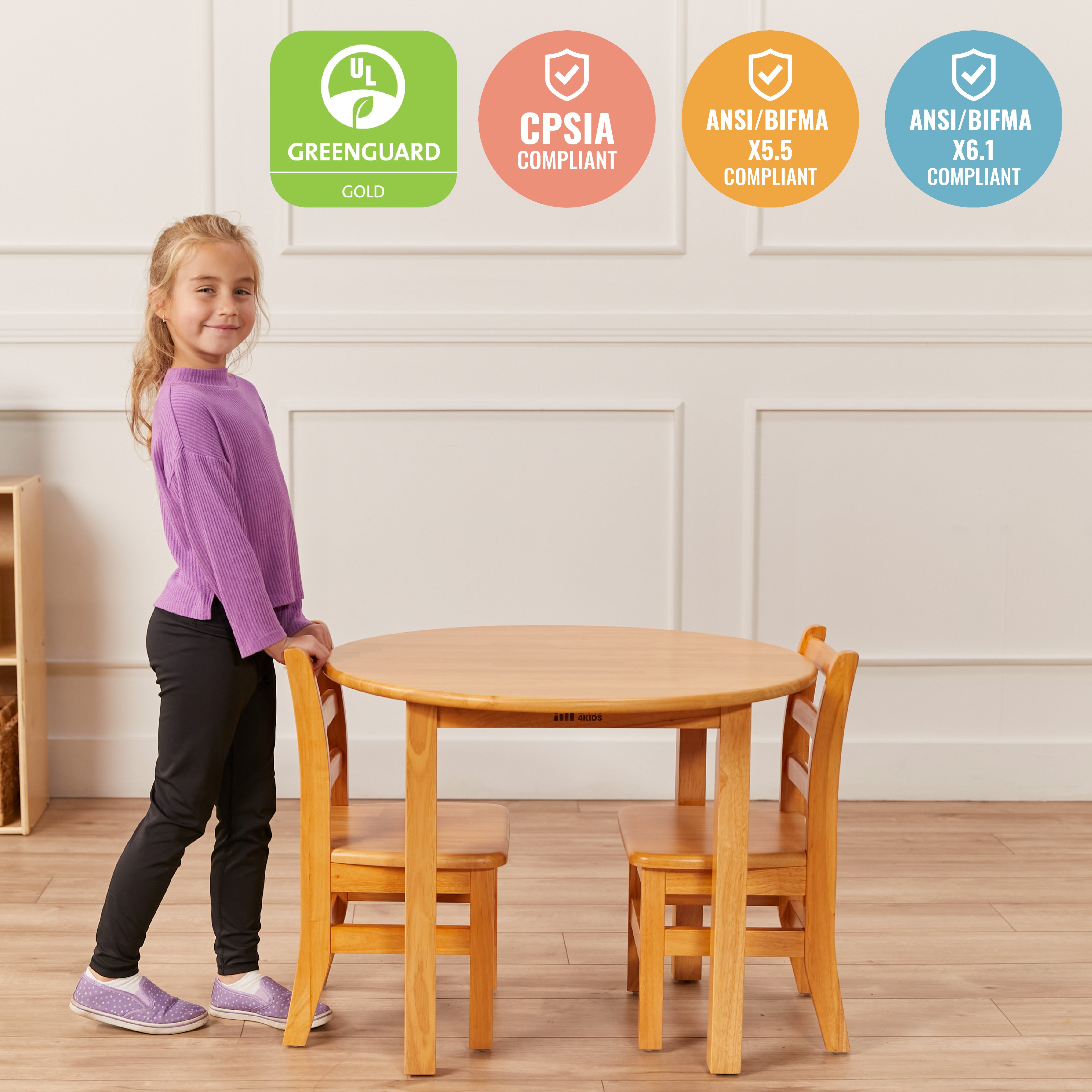 30in D Round Hardwood Table and Chair Set, 12in Seat Height, 3-Piece