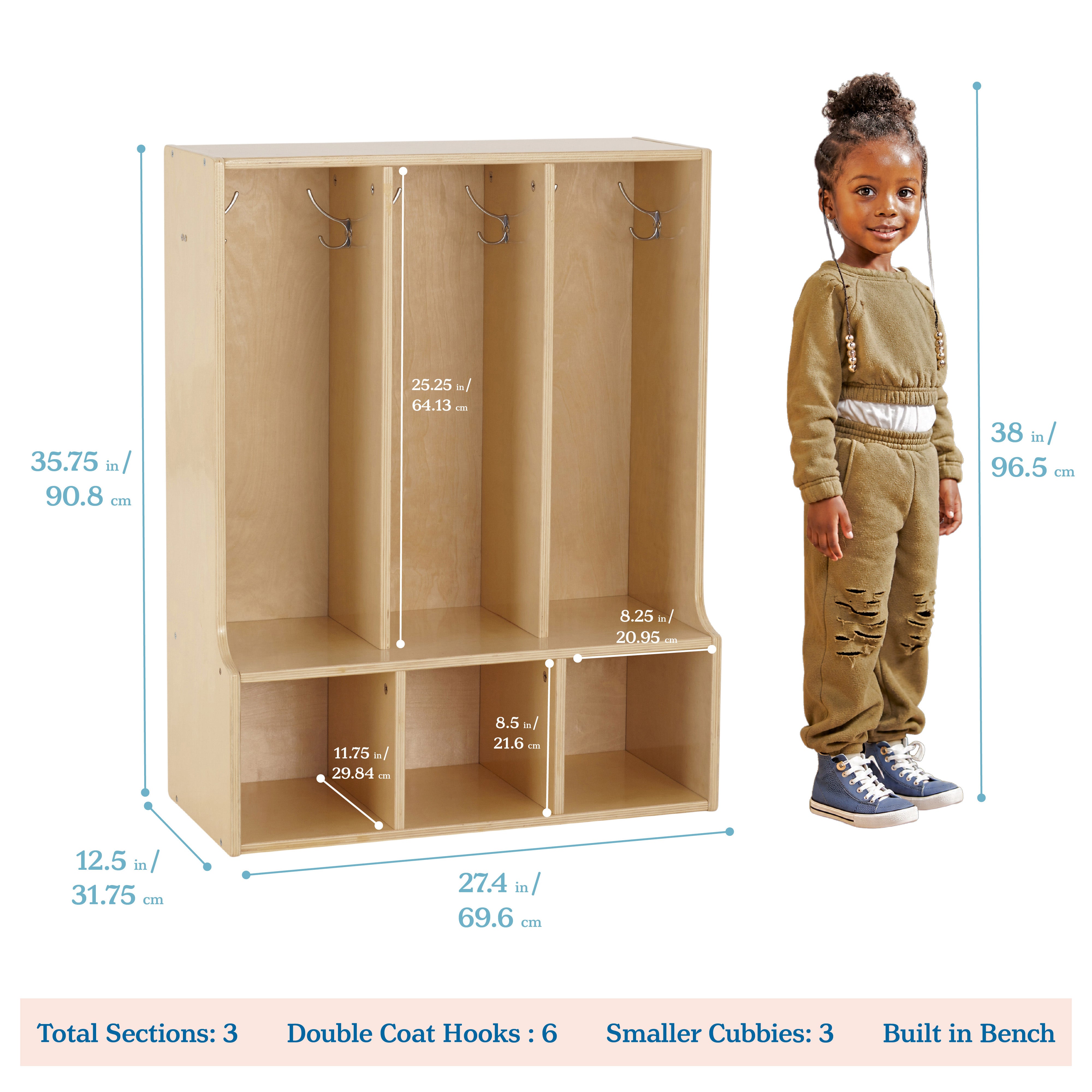 Streamline 3-Section Toddler Coat Locker with Bench