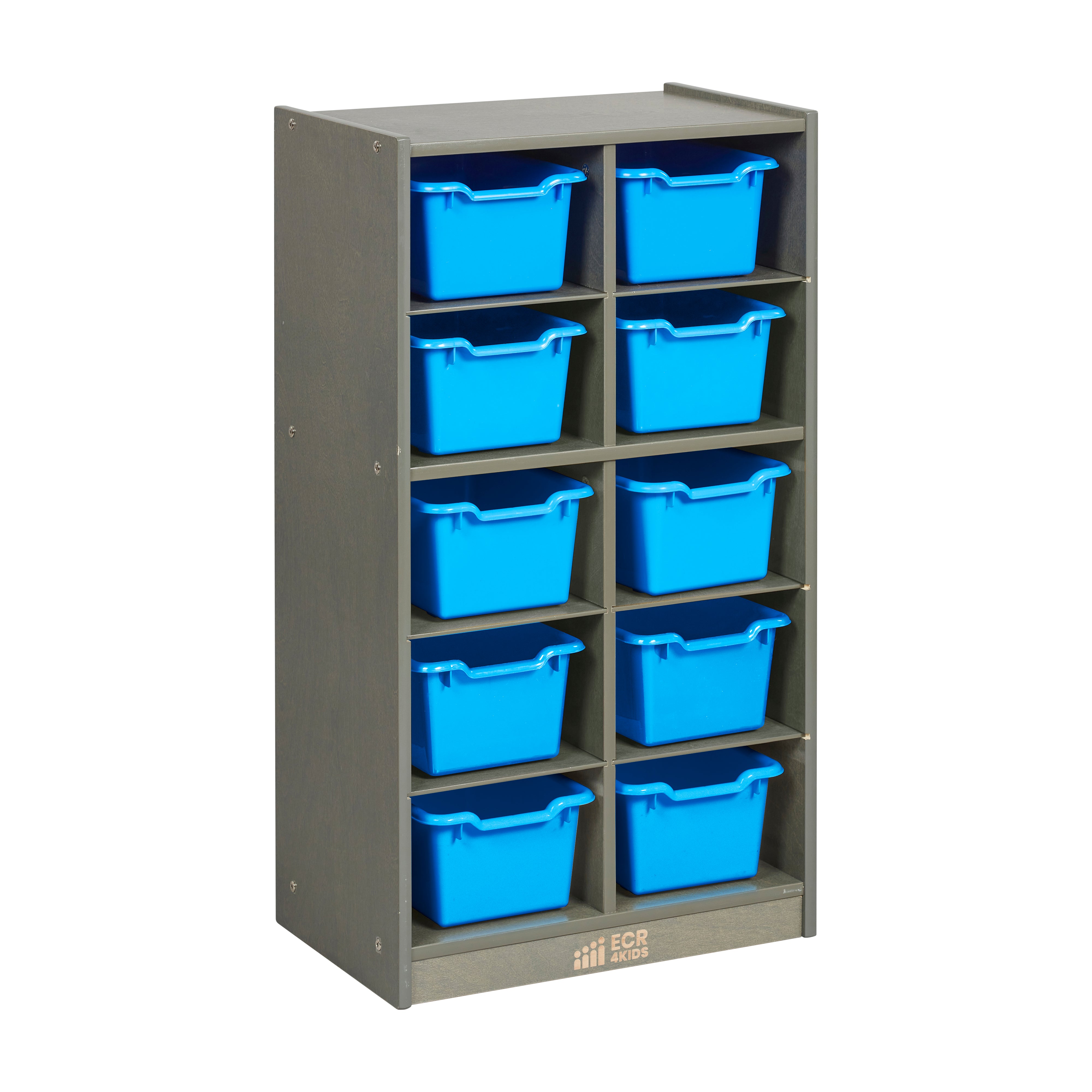 10 Cubby Mobile Tray Cabinet with 10 Scoop Front Storage Bins, 5x2, Grey Wash