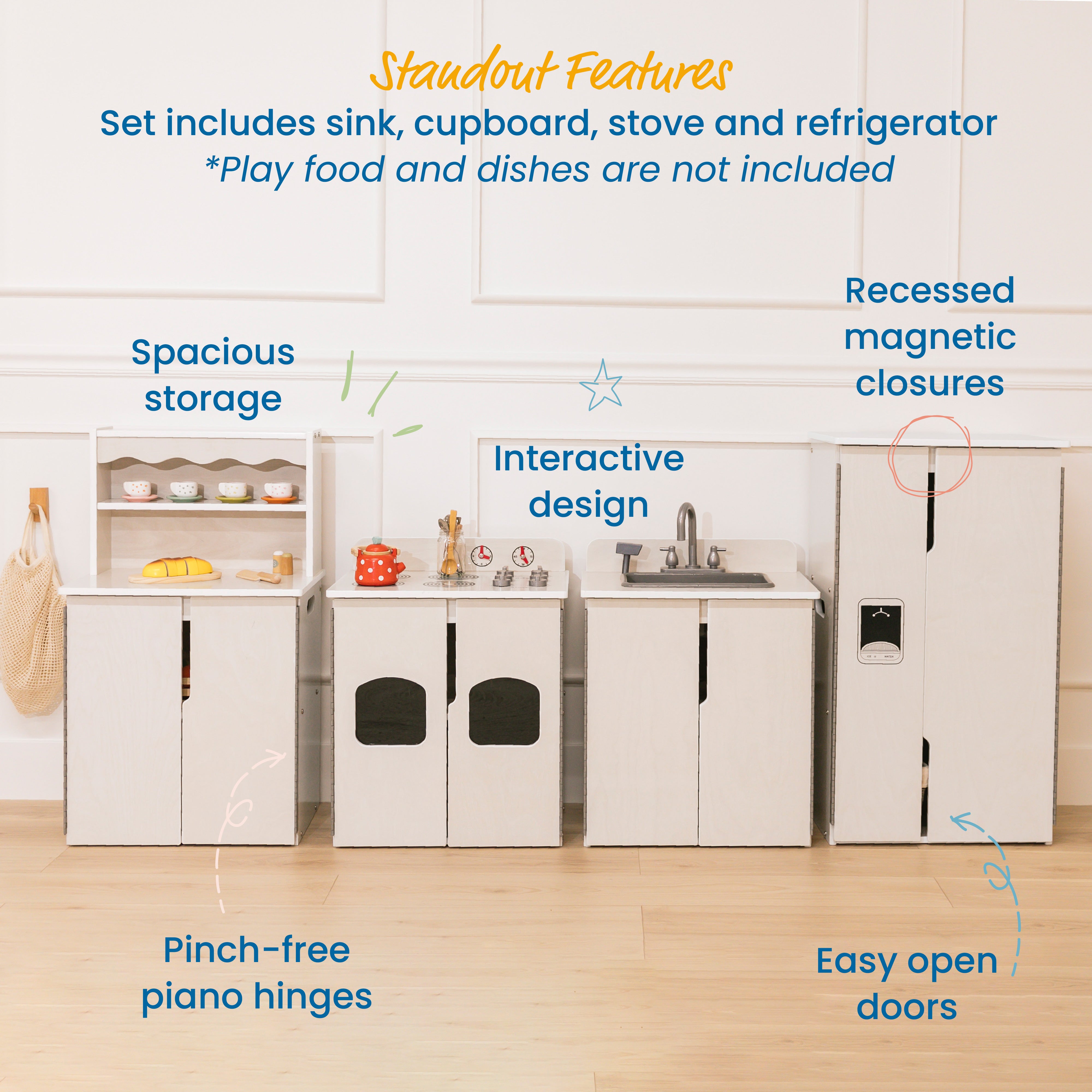 Kitchen Cupboard, Stove, Sink, and Refrigerator for Kids, Wooden, 4-Piece