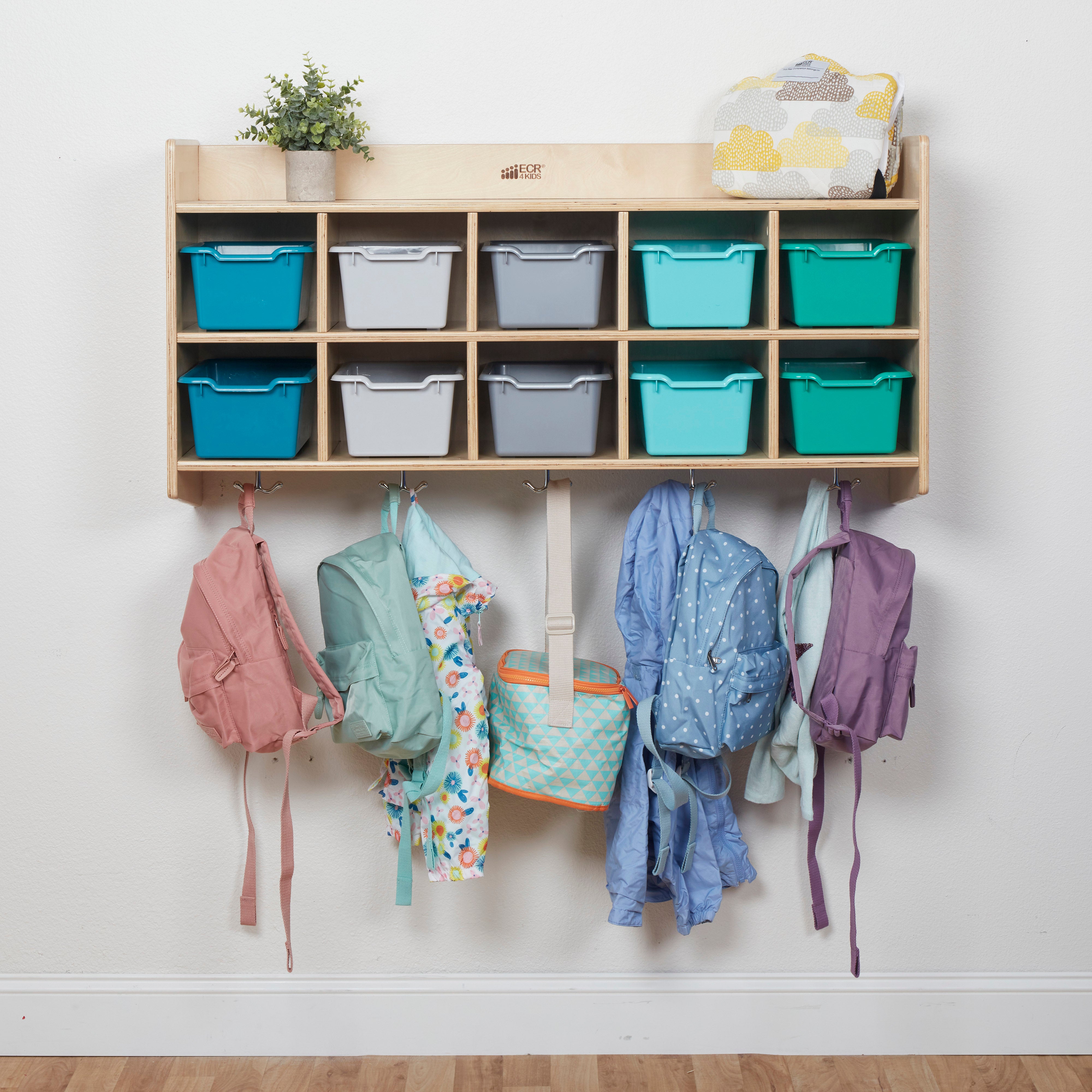 10-Section Hanging Coat Locker with Shelf and Scoop Front Storage Bins, Natural