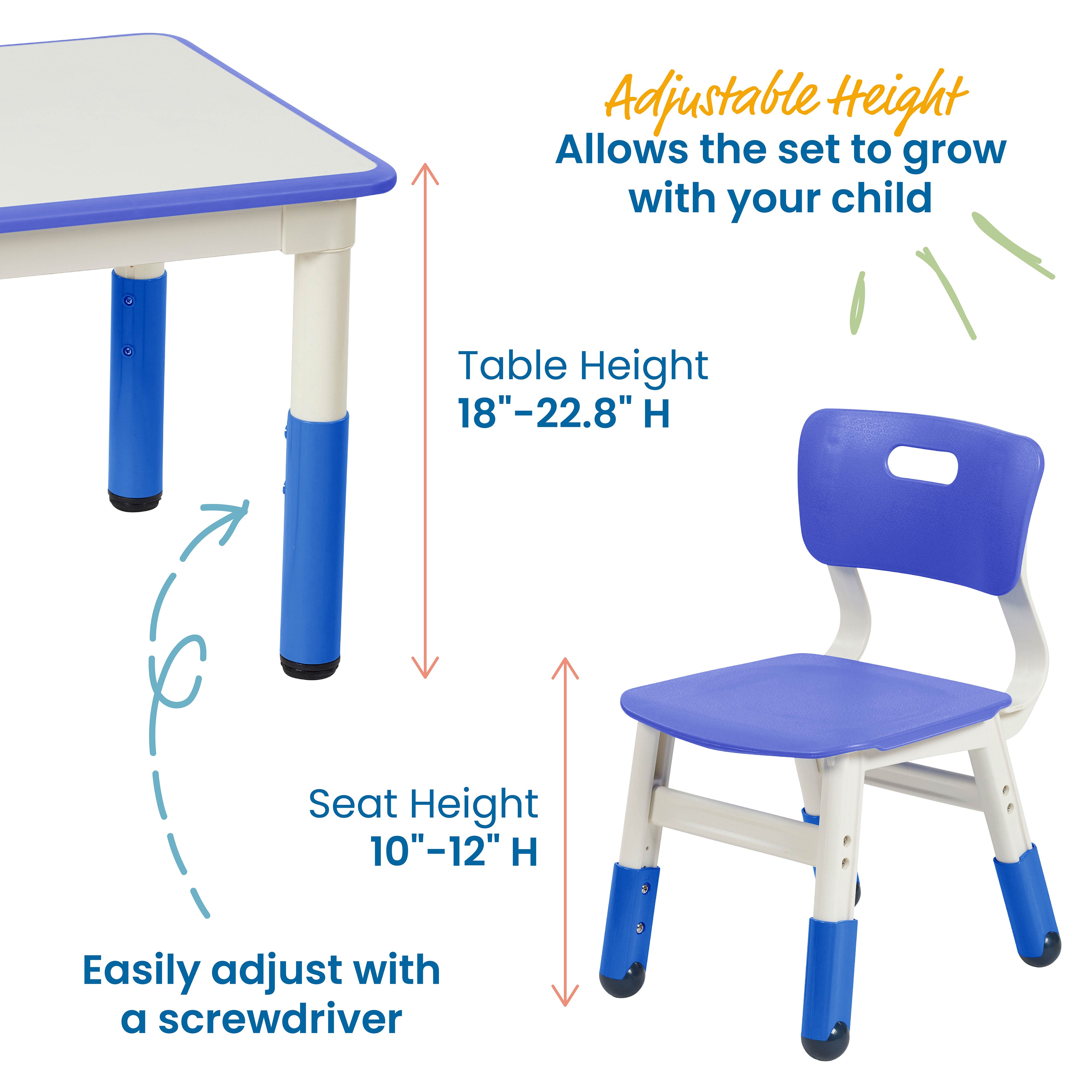 Dry-Erase Rectangular Activity Table with 2 Chairs, Adjustable, 3-Piece