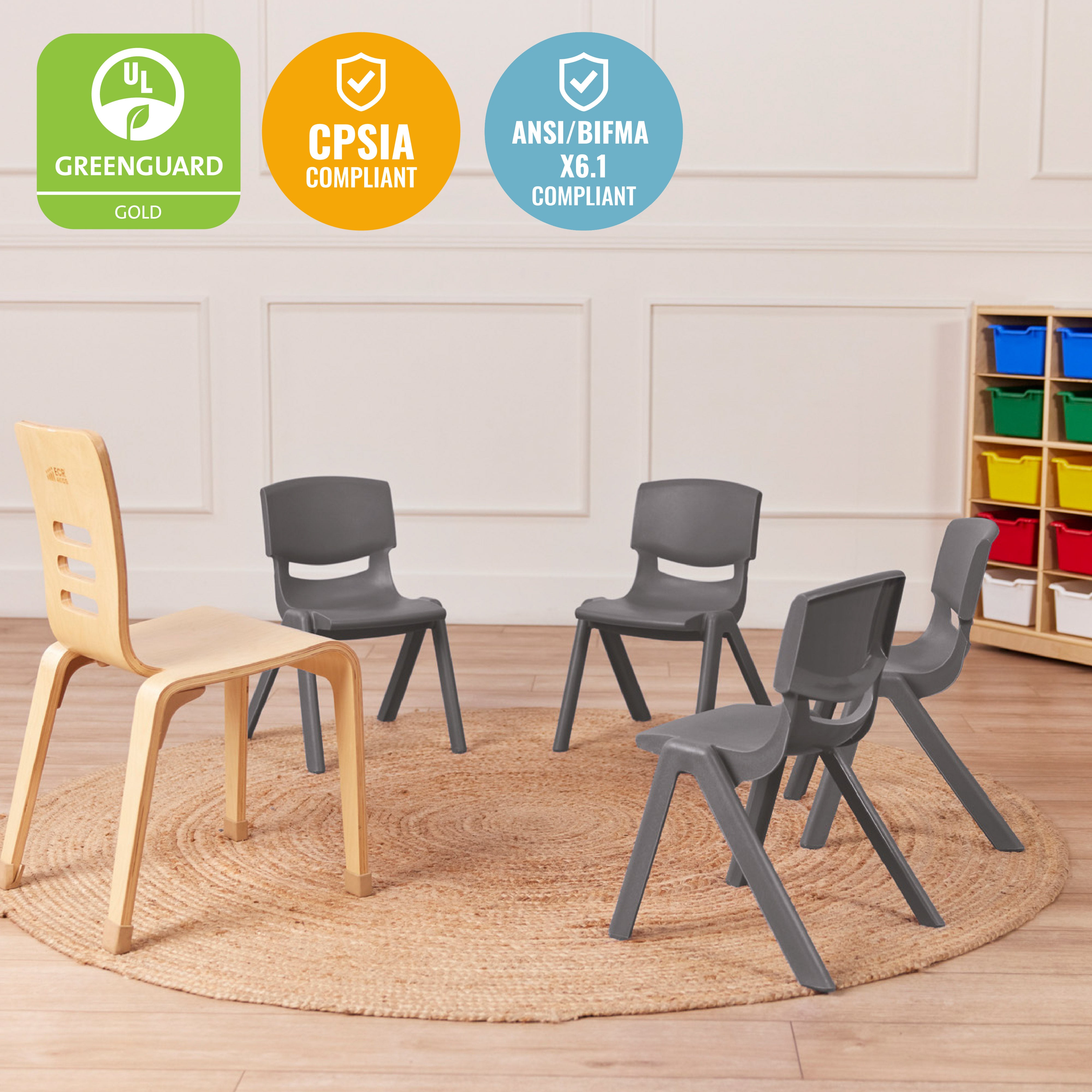 Plastic School Stack Chair for Indoors and Outdoors, Flexible Seating, 12in Seat Height, 4-Pack