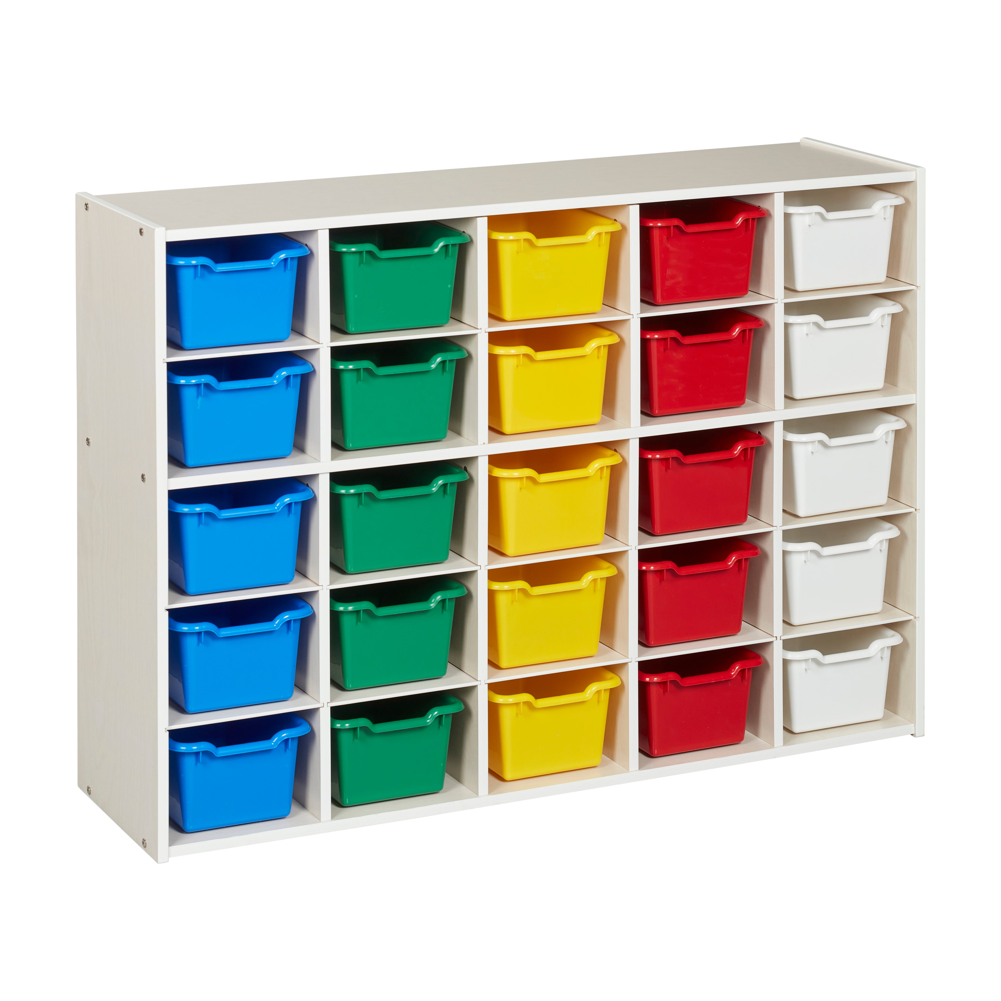 Streamline 25 Cubby Tray Cabinet with 25 Scoop Front Storage Bins, 5x5, White Wash