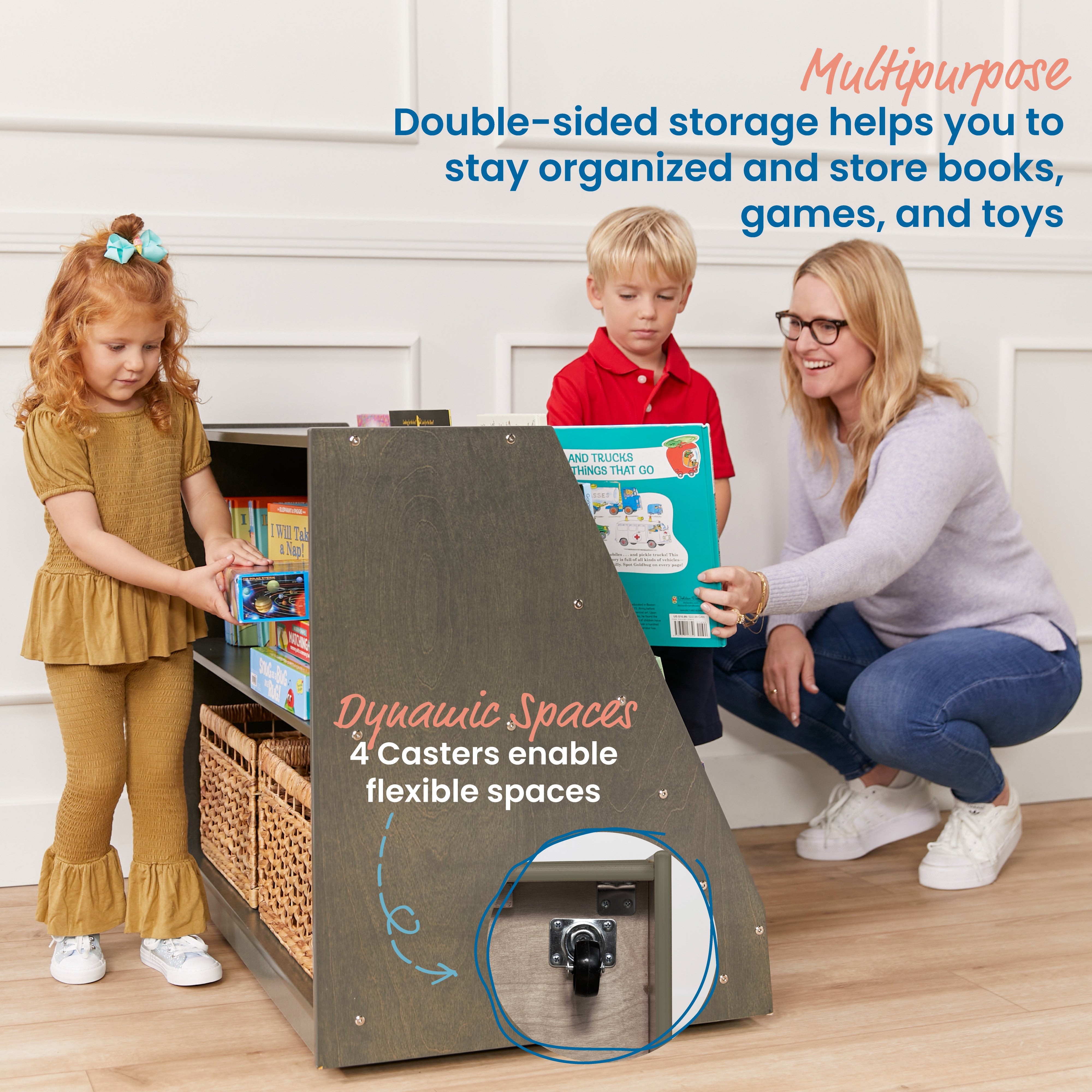Double-Sided Mobile Book Display with Storage, Classroom Bookshelf