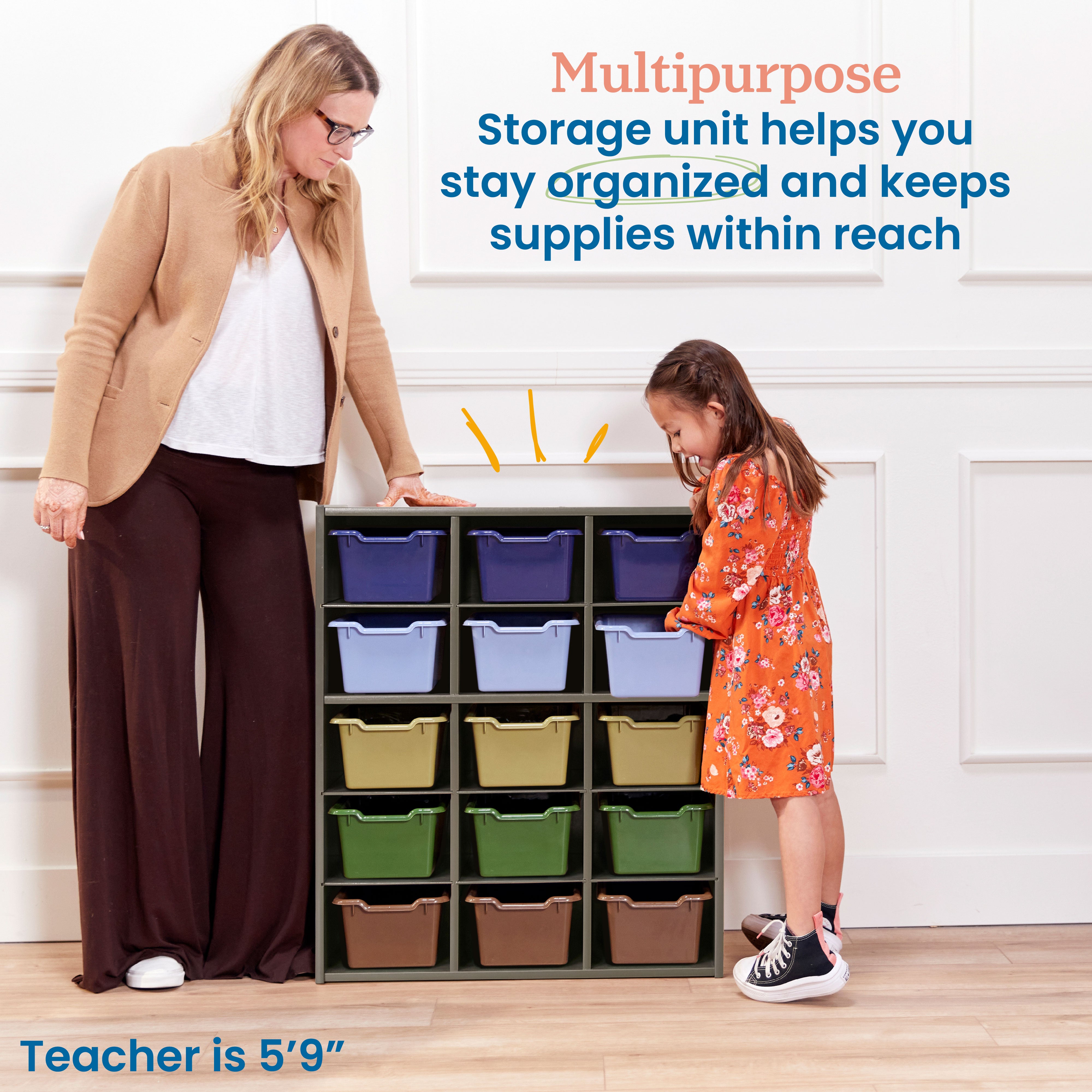 Streamline 15 Cubby Tray Cabinet with 15 Scoop Front Storage Bins, 5x3, Grey Wash